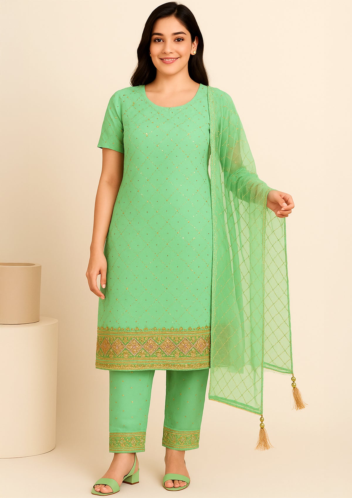 Mint Green Sequin & Embroidered Unstitched Suit - Elegant Dress Material