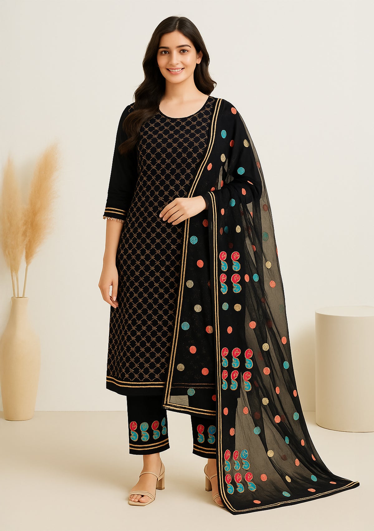 Elegant Black Semi-Stitched Chiffon Unstitched Suit Set with Heavy Embroidery