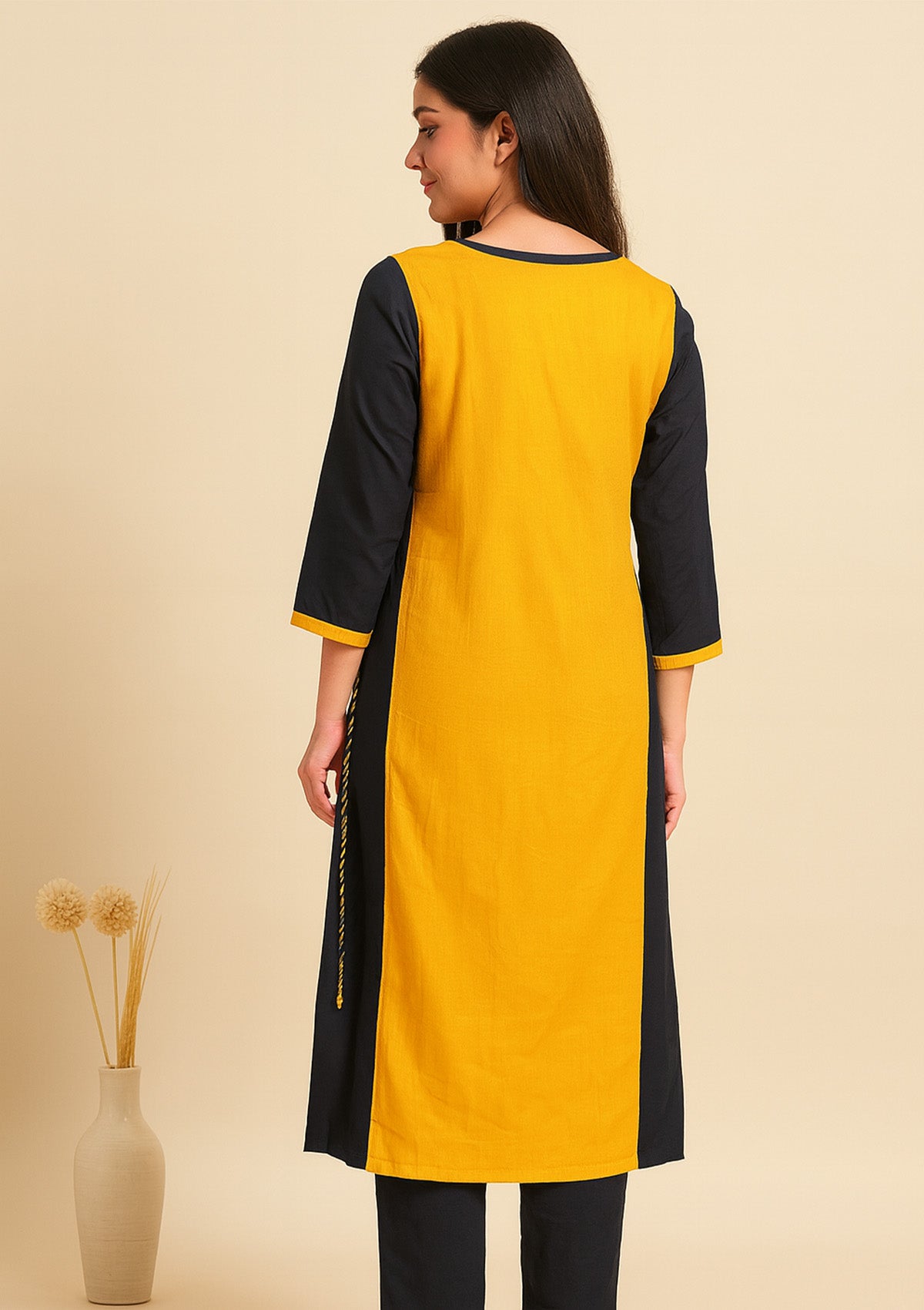 Mustard Yellow & Navy Blue Double Layered Rayon Kurti