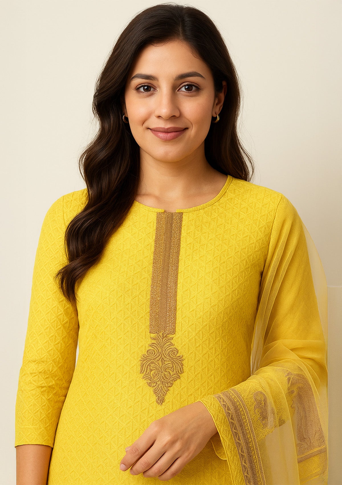 Yellow Chicken Work Unstitched Suit with Pure Dupatta