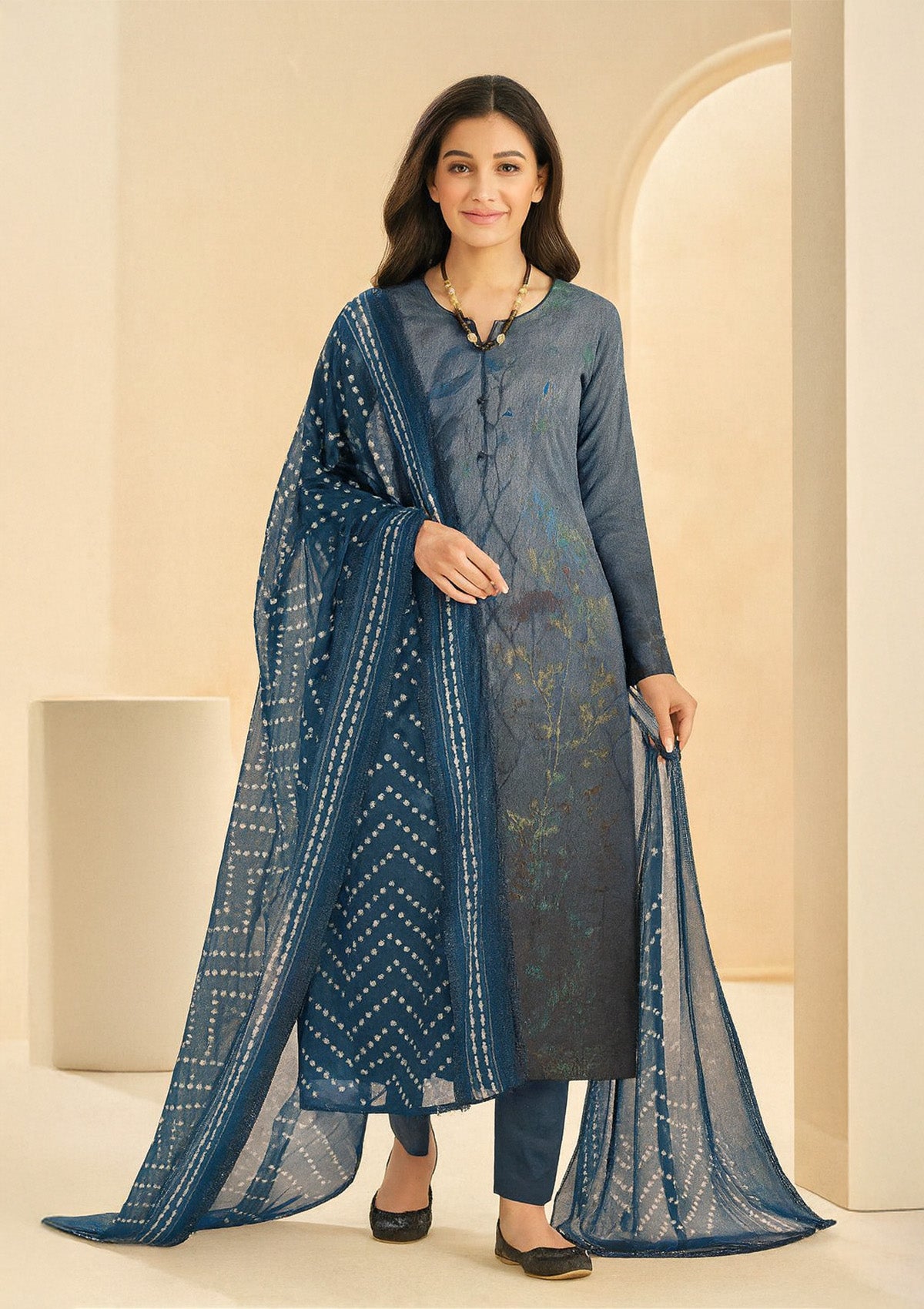 Cotton Printed Unstitched Suit with Embroidery Work and Nazmeen Dupatta