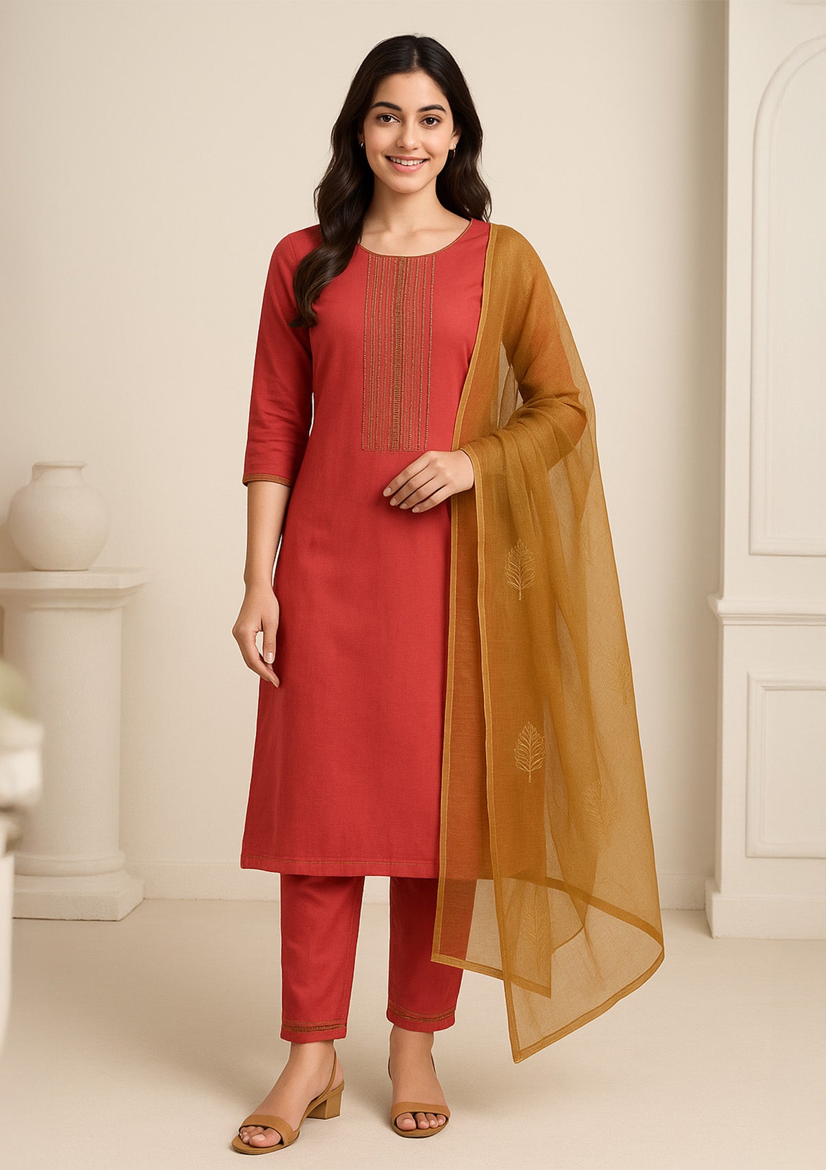 Carrot Red Jam Cotton Unstitched Suit with Mustard Chiffon Dupatta