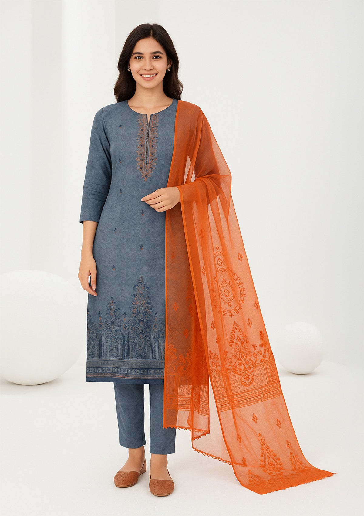 Cotton Unstitched Suit with Chiffon Dupatta – Elegant Blue Grey Printed Dress