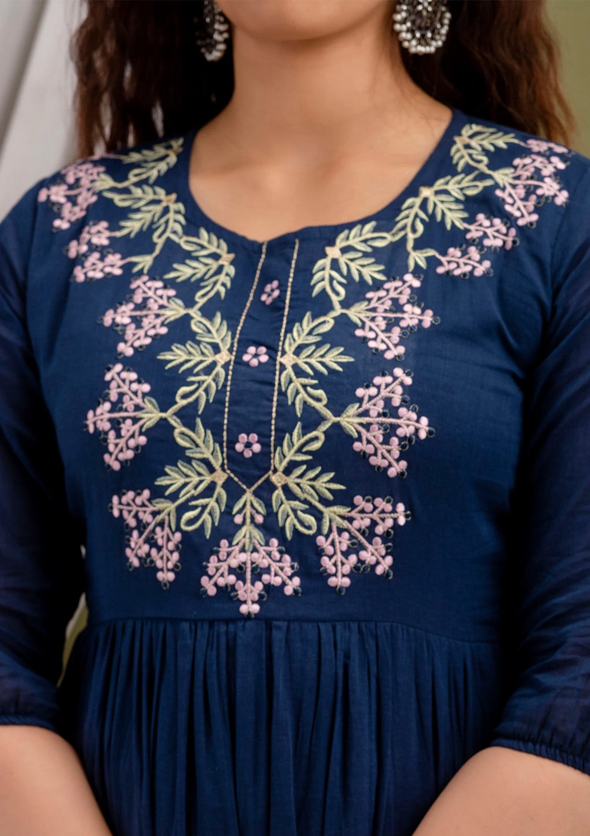 Navy Blue Cotton Embroidered Anarkali Suit Set (Kurti with Dupatta)