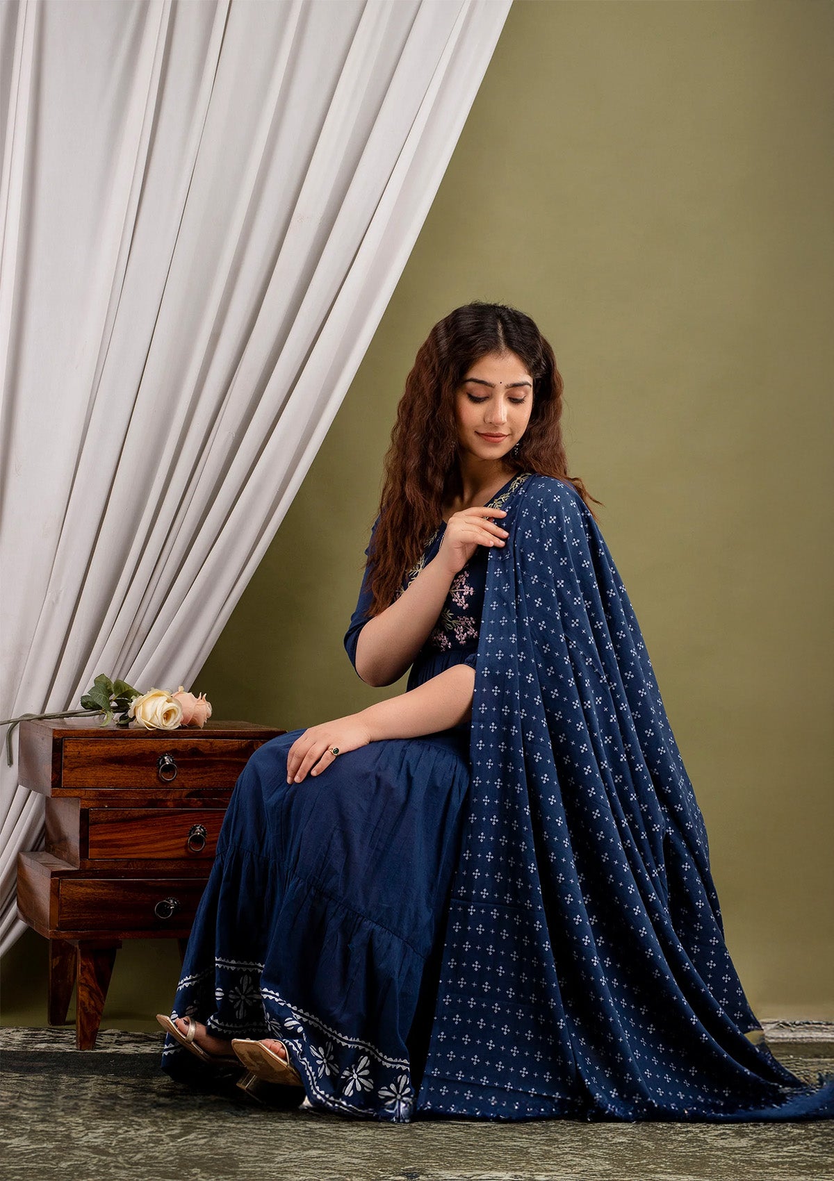 Navy Blue Cotton Embroidered Anarkali Suit Set (Kurti with Dupatta)