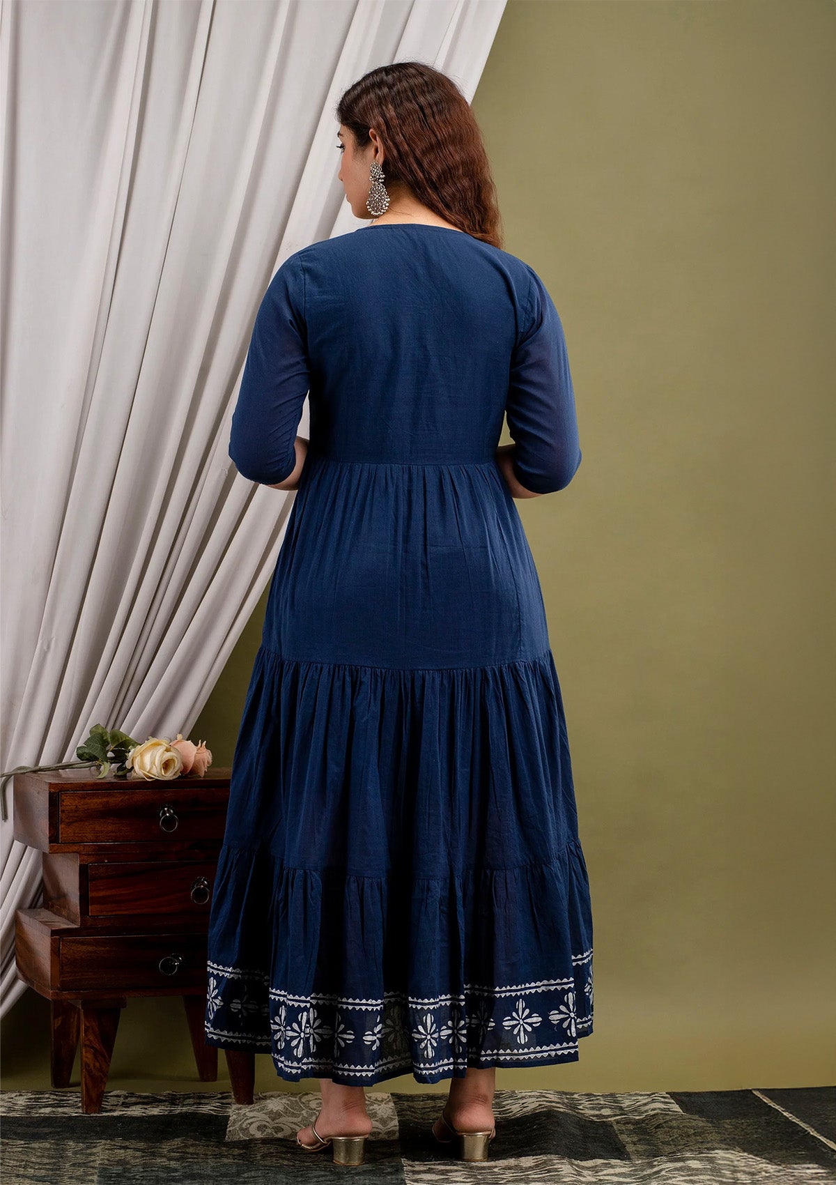 Navy Blue Cotton Embroidered Anarkali Suit Set (Kurti with Dupatta)