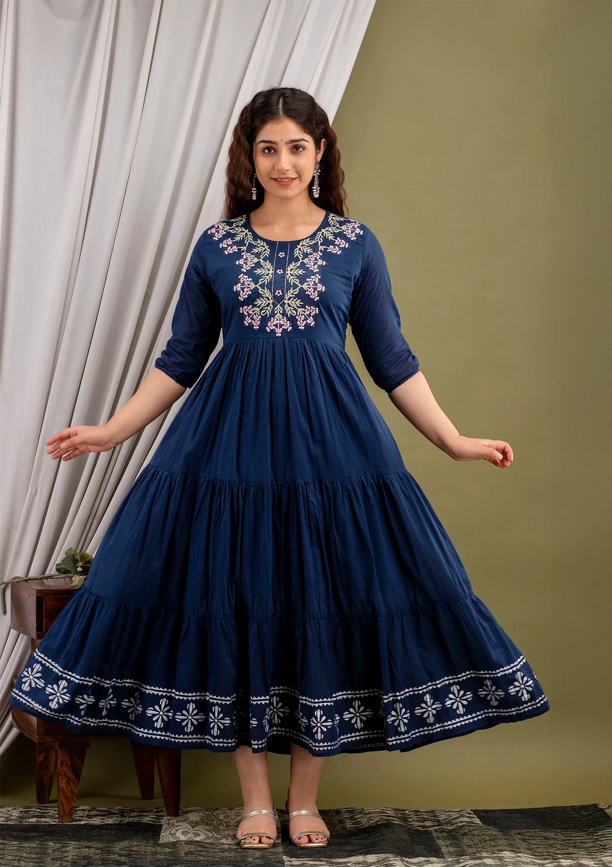 Navy Blue Cotton Embroidered Anarkali Suit Set (Kurti with Dupatta)