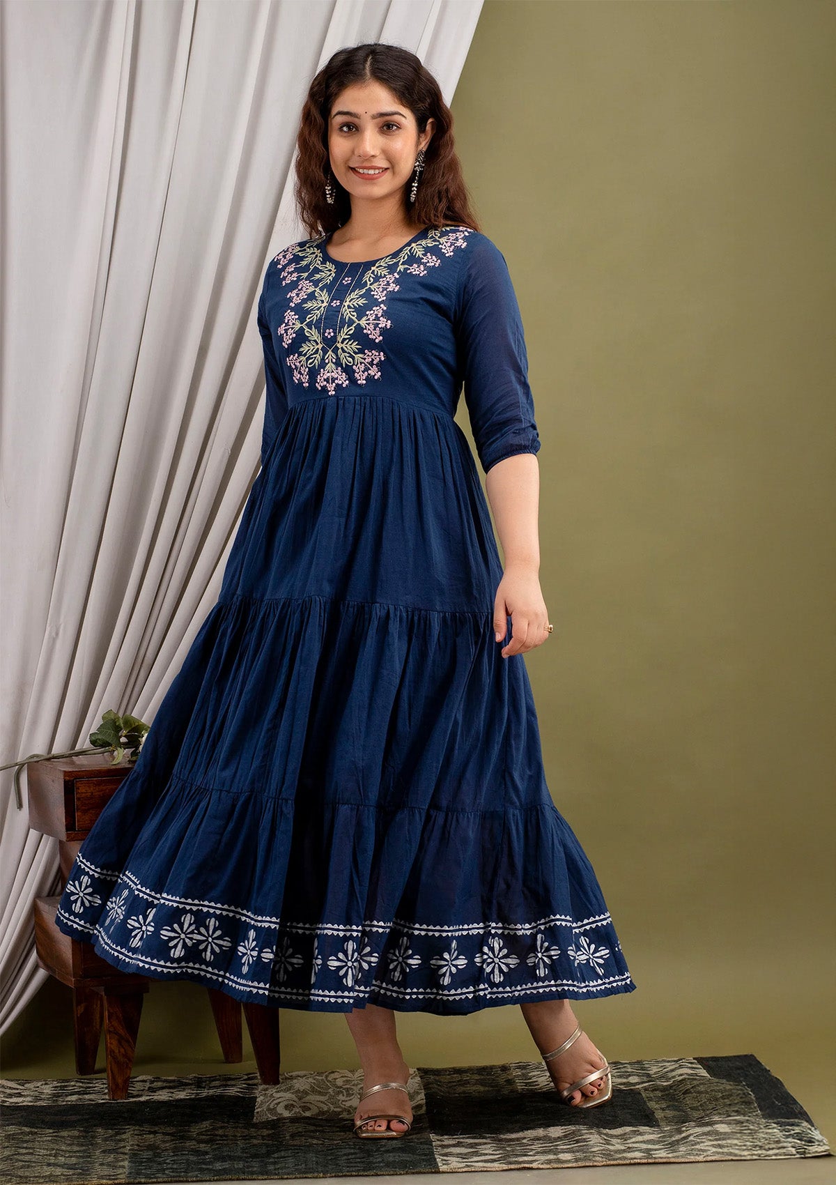 Navy Blue Cotton Embroidered Anarkali Suit Set (Kurti with Dupatta)