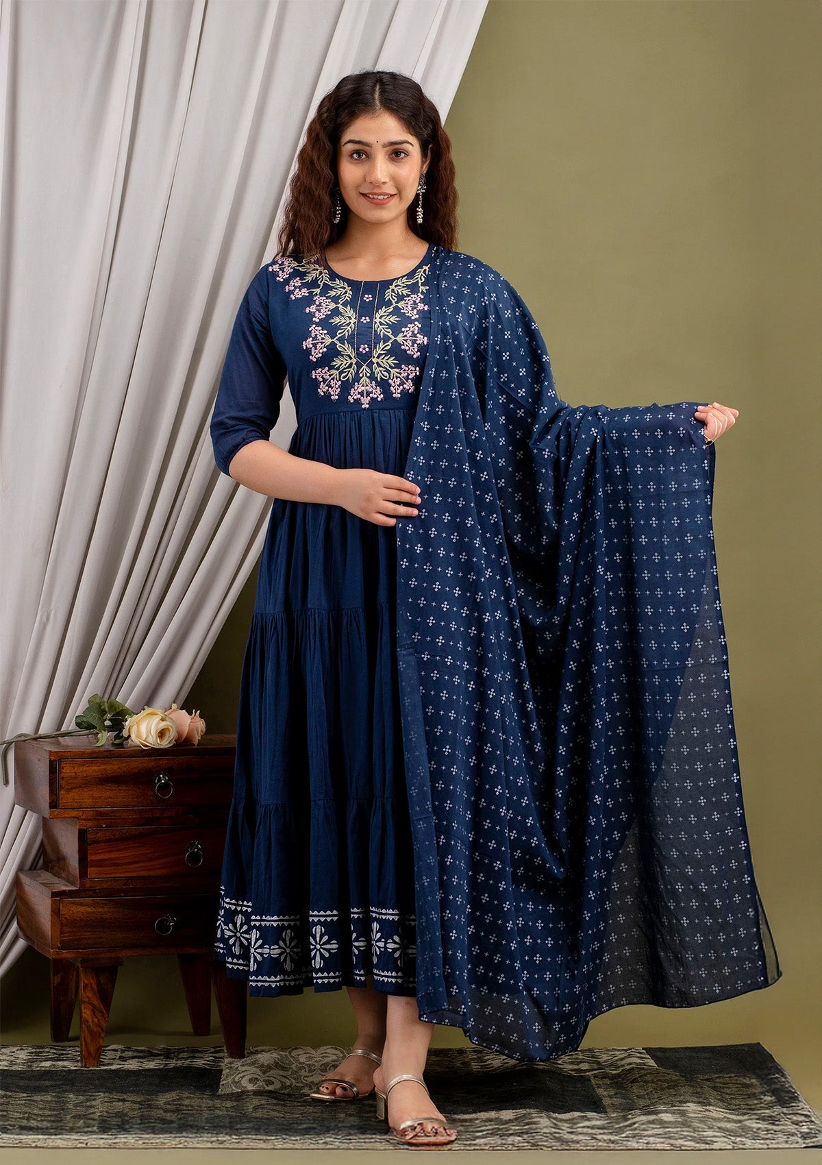 Navy Blue Cotton Embroidered Anarkali Suit Set (Kurti with Dupatta)