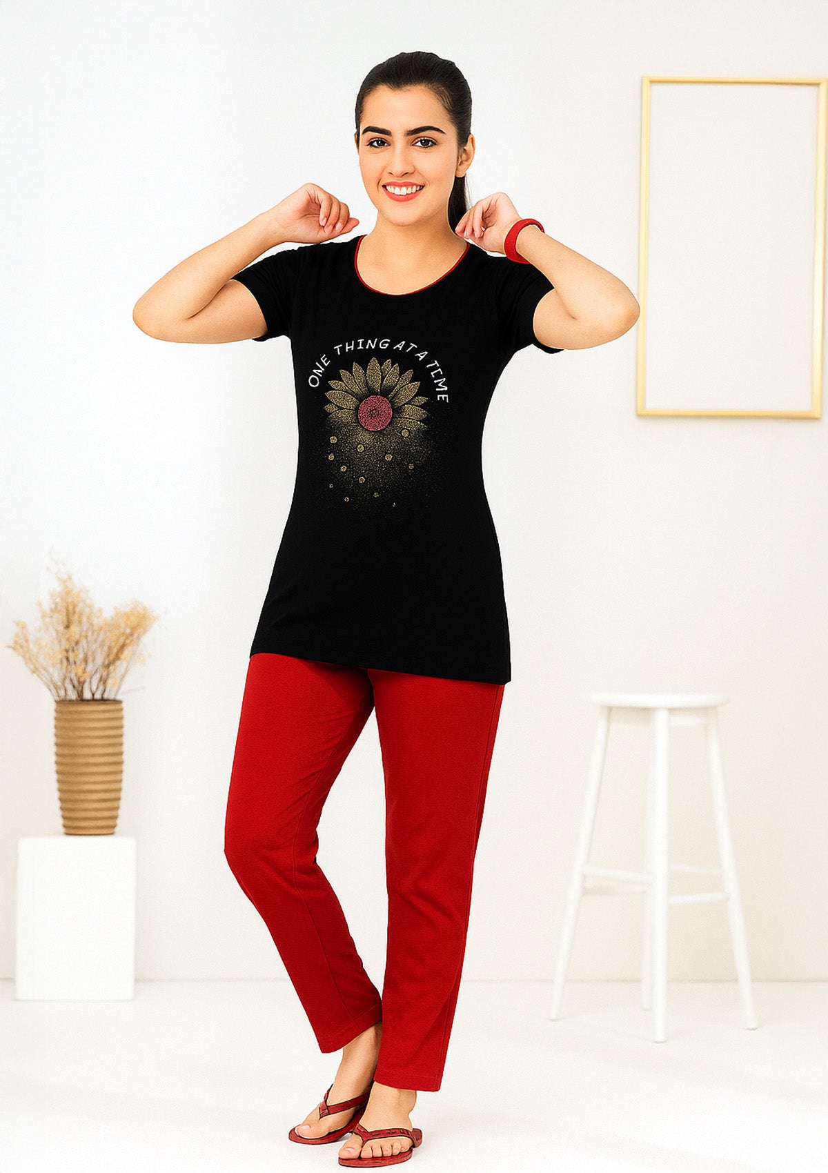 Black Long T‑Shirt Lounge Set with Red Straight Fit Bottoms