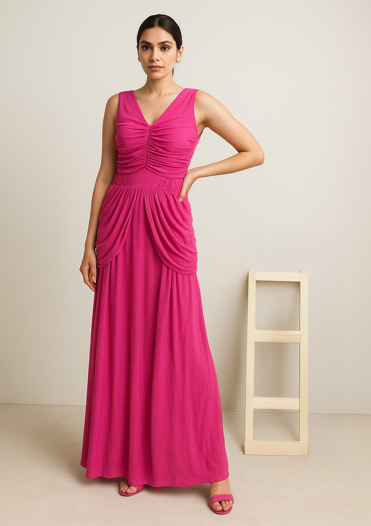 Women’s Fuchsia Pink Stretchable Draped Long Gown – Ruched