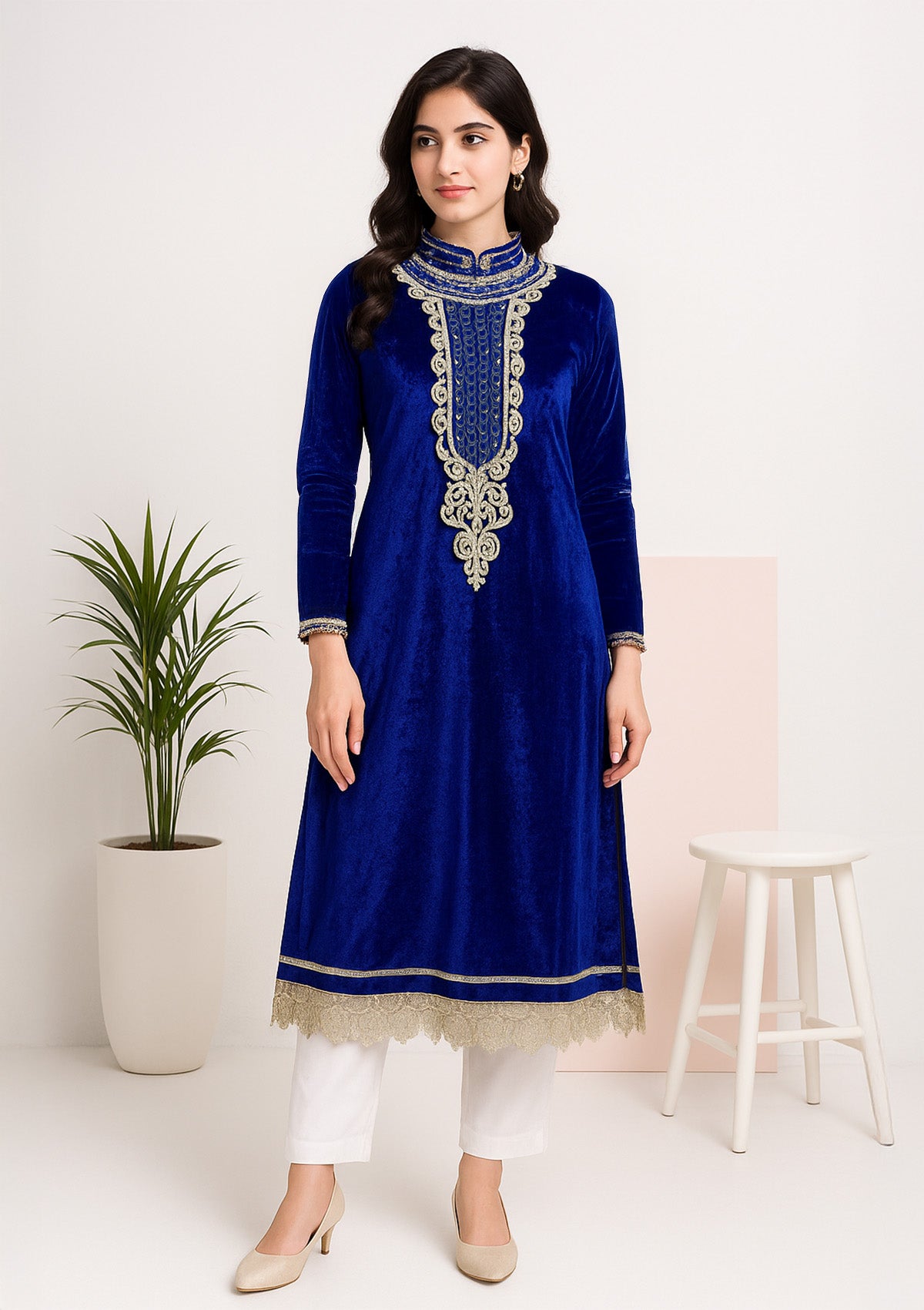 Royal Blue Velvet Embroidered Kurti – High Neck