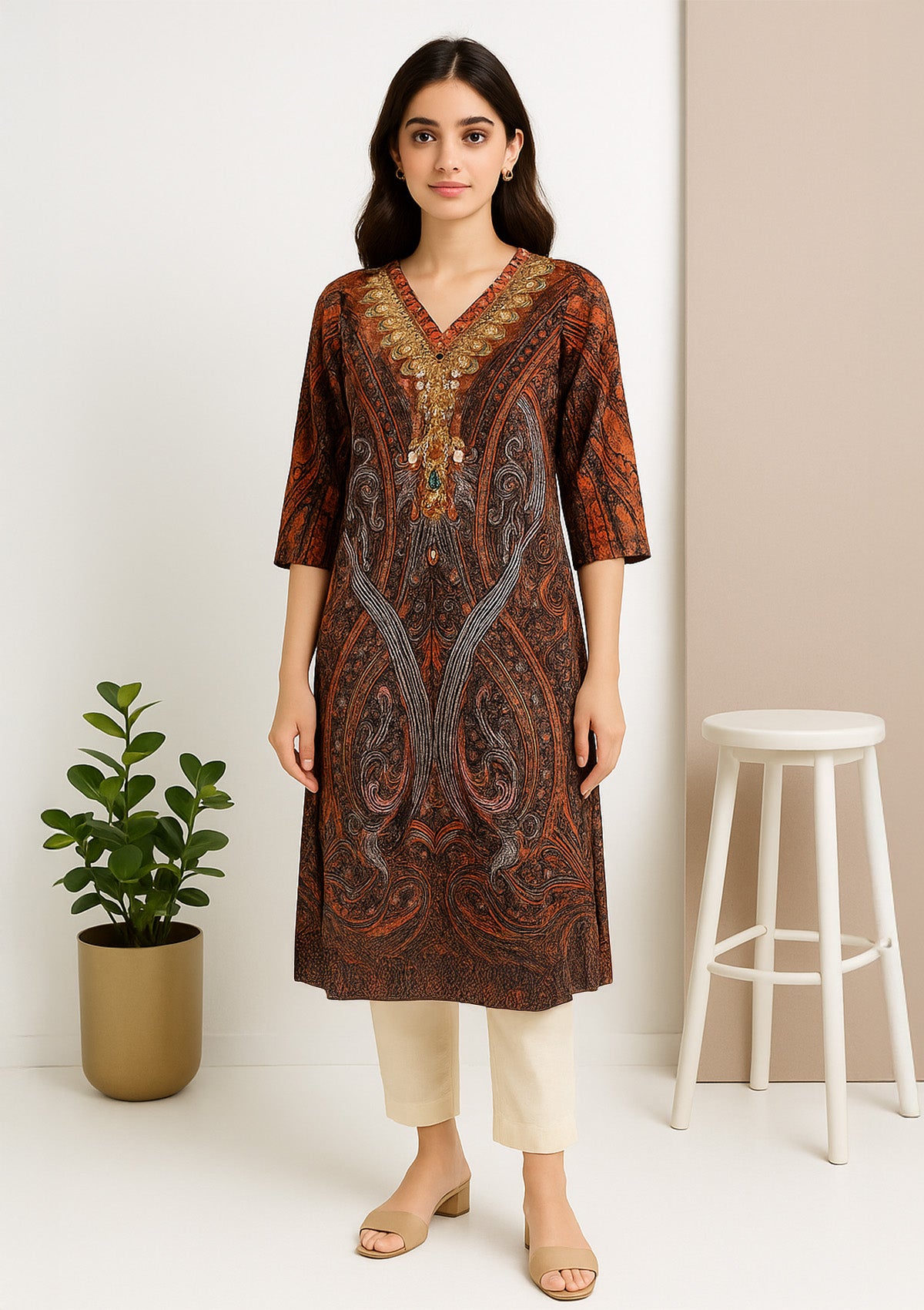 Multicolor Abstract Print Kurti – V Neck with Jewel Motif