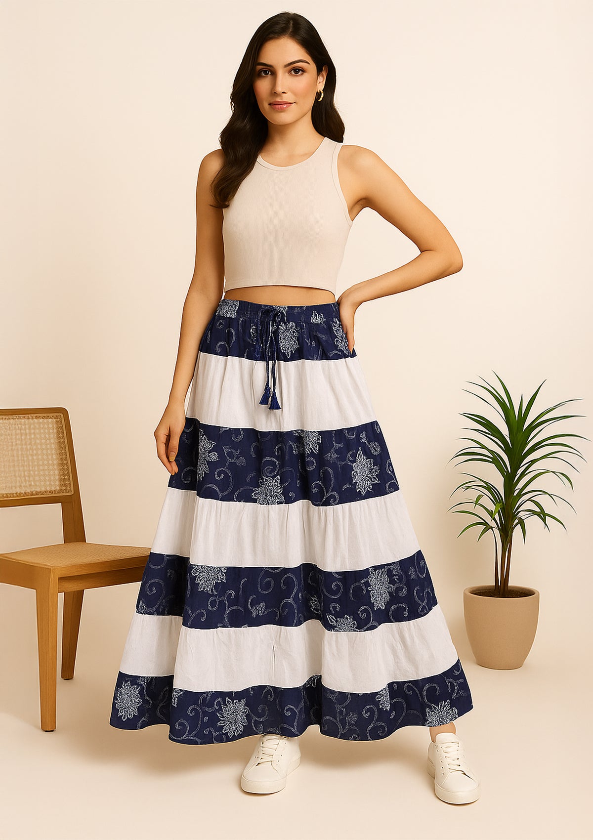 Women’s Navy & White Block Tiered Long Skirt – Cotton Flared Skirt