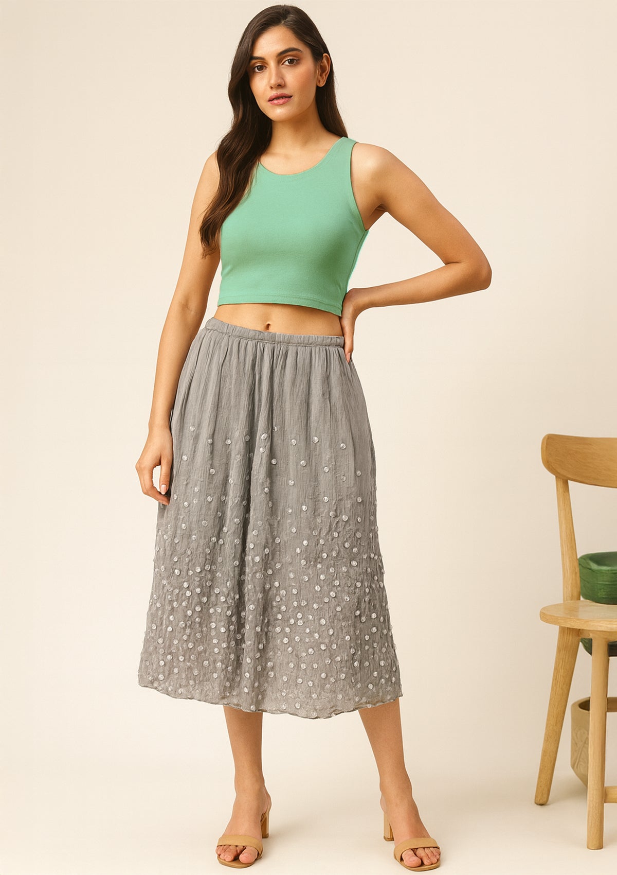 Women’s Grey Silk Georgette Sequin Midi Skirt – Embellished Partywear