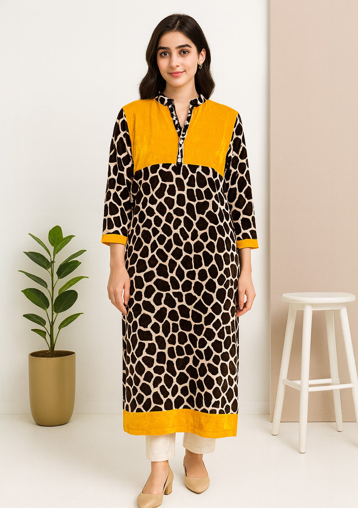 Velvet Animal Print Kurti – Giraffe Pattern with Mustard