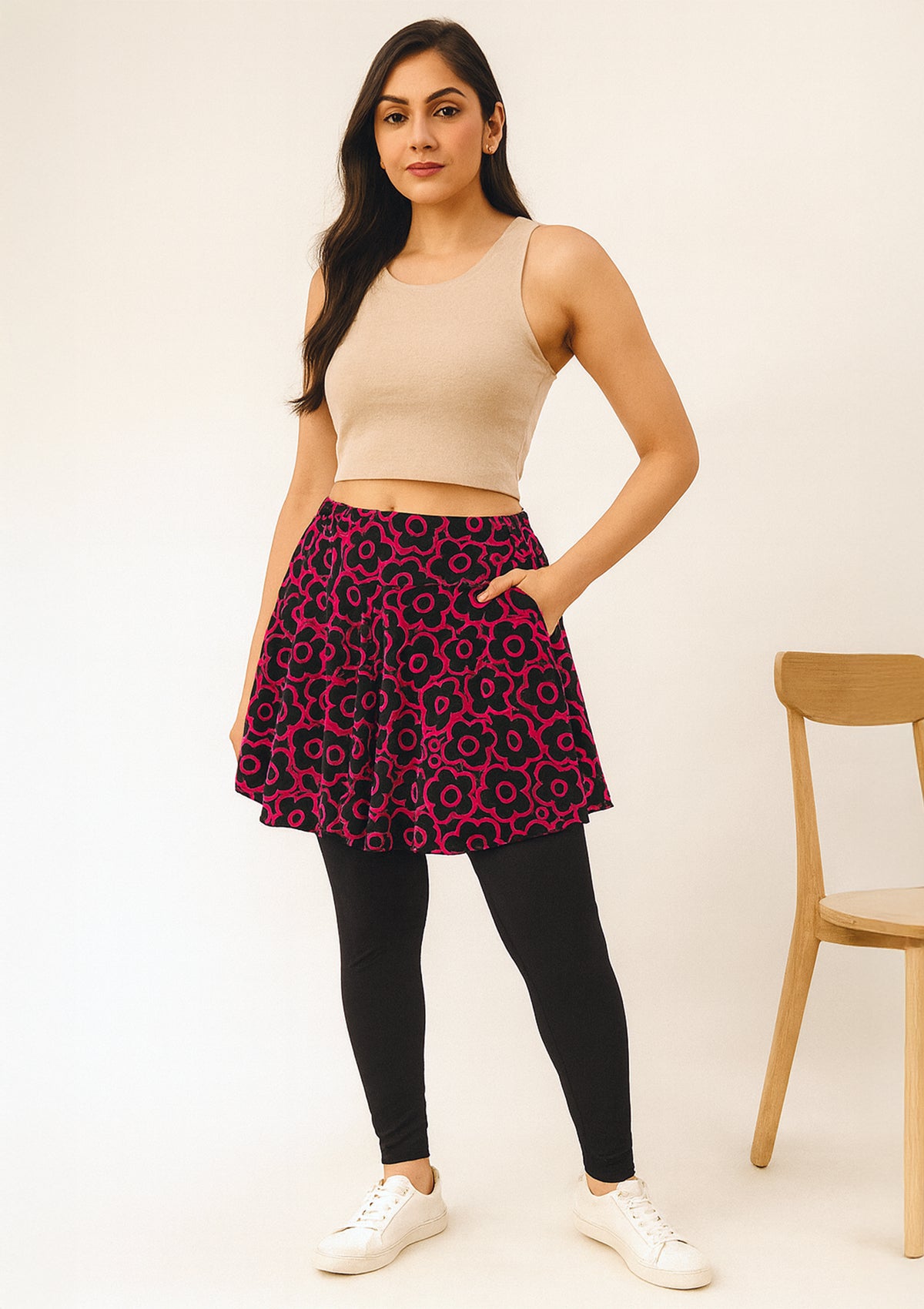 Women’s Red Black Floral Mini Skirt with Attached Leggings