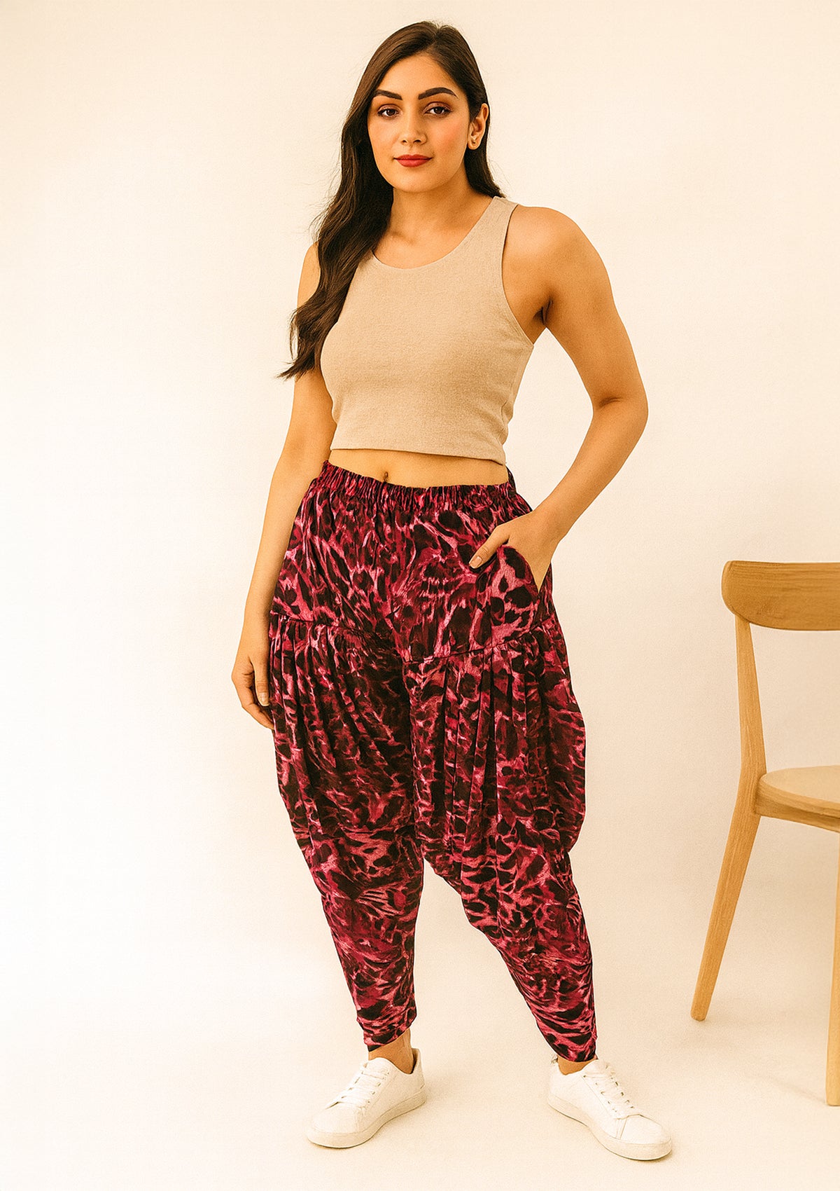 Women’s Red Animal Print Dhoti Pants – Stretch Draped Salwar