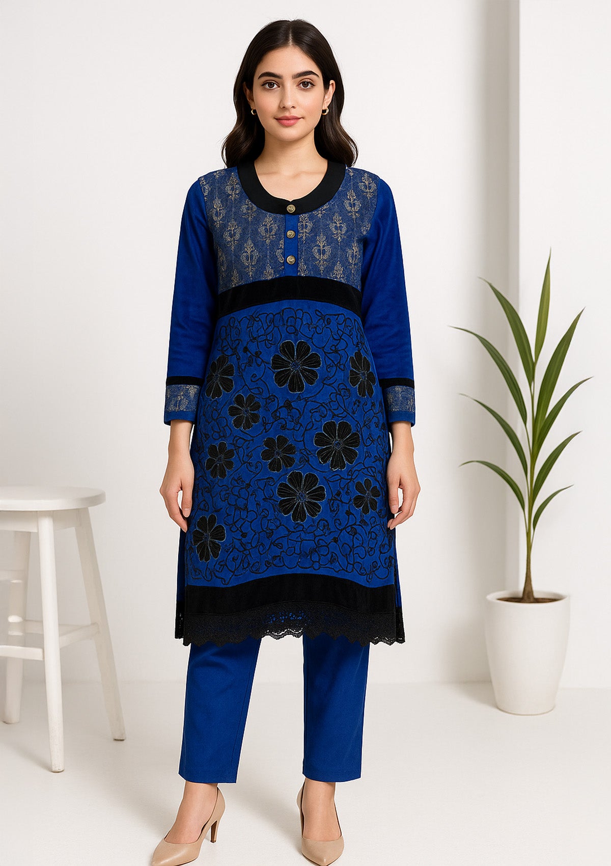Blue Woolen Kurti with Velvet Patch Work – Floral Embroidery