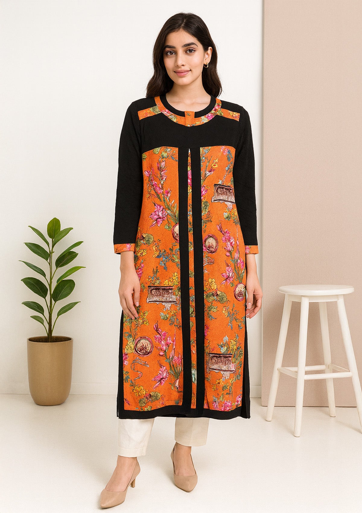 Black Woolen Kurti with Orange Floral Front Panel – Round Neck