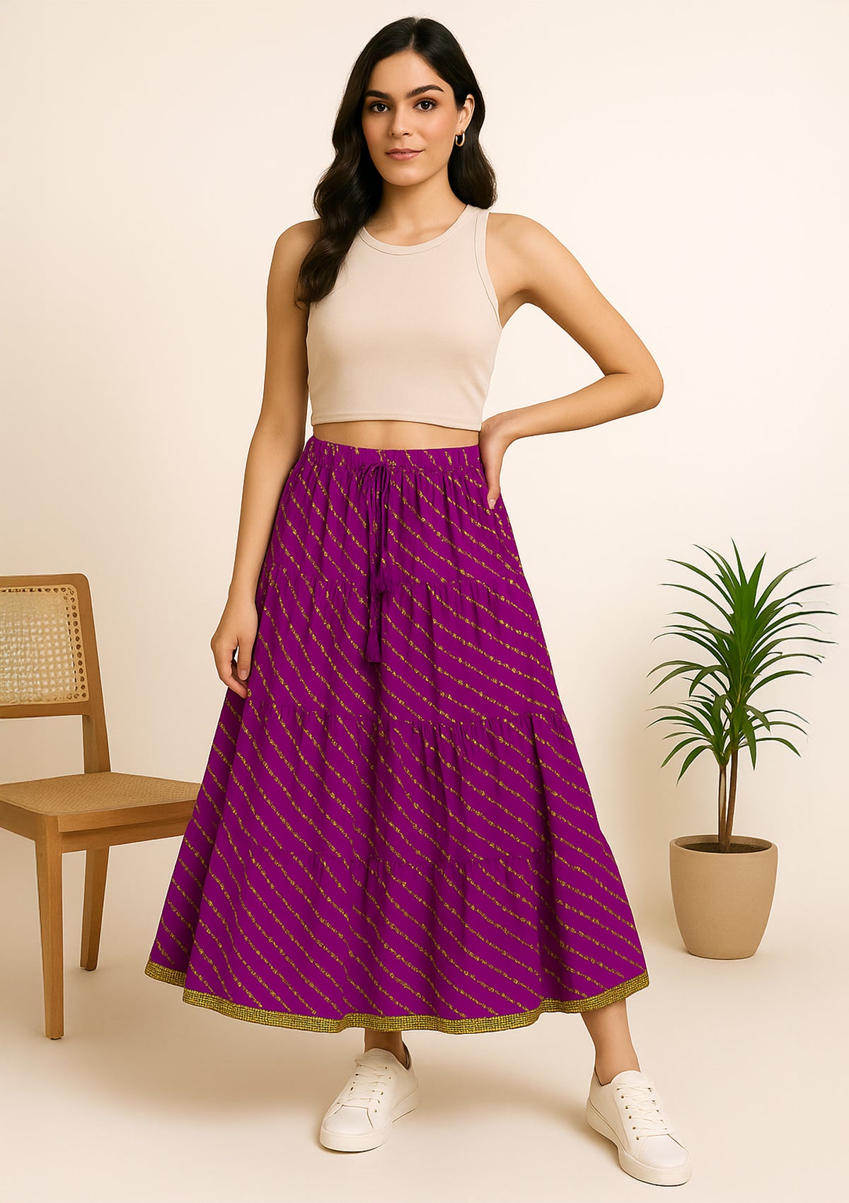 Women’s Purple Cotton Long Skirt – Bandhani Print Flared