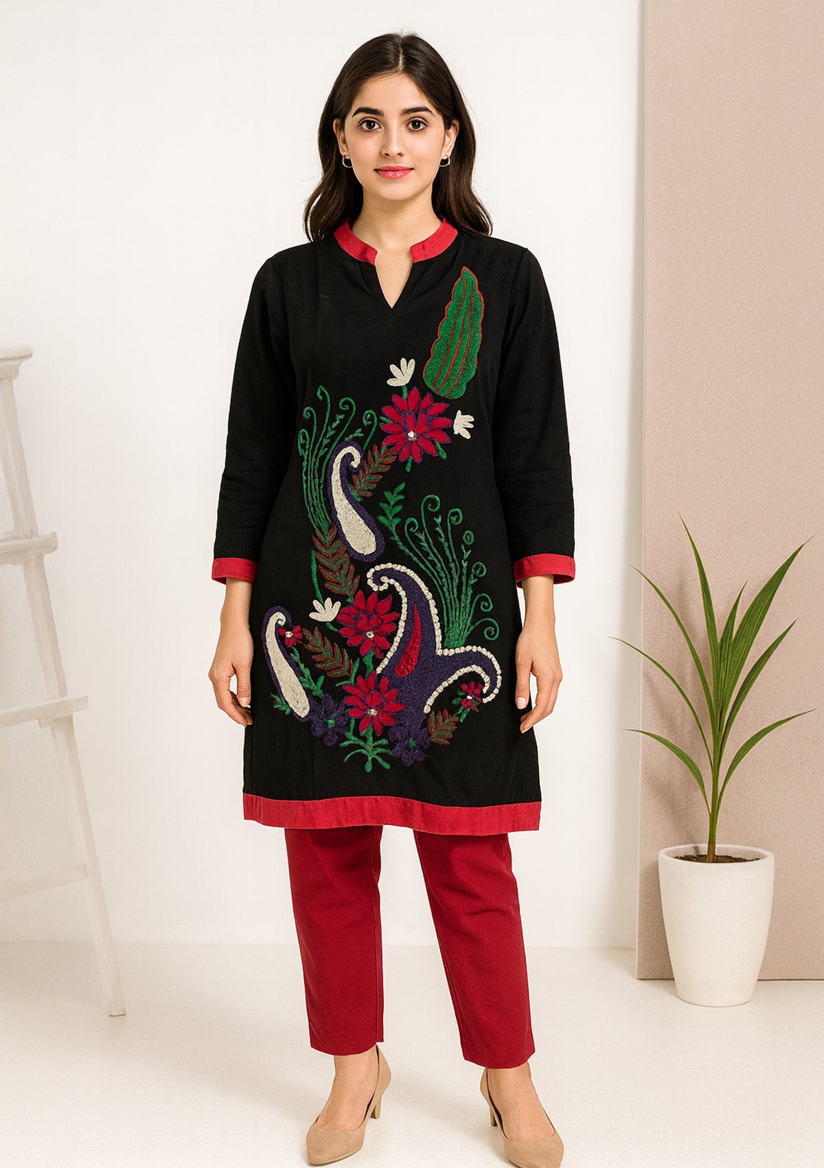 Black Woolen Kurti with Colorful Aari Embroidery - Winter Ethnic