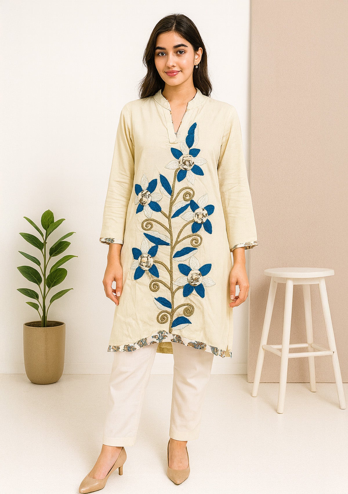 Cream Woolen Kurti with Blue Floral Applique – Winter Chic