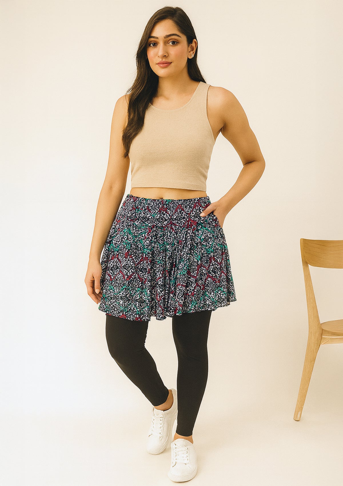 Women’s Retro Print Mini Skirt with Attached Leggings – Stretch Hosiery