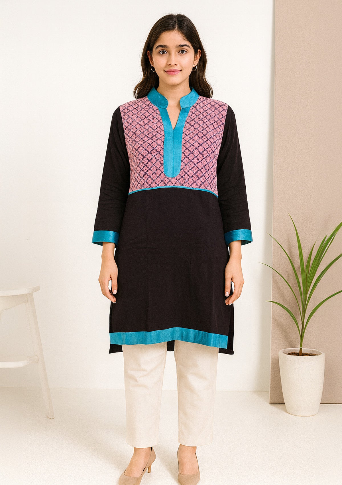 Chocolate Voilet Woolen Kurti with Pink Yoke and Teal Detailing