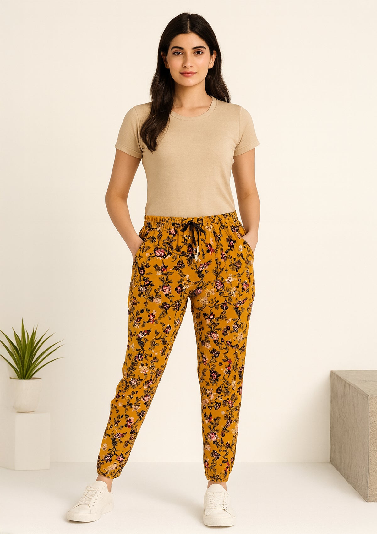 Women’s Mustard Floral Jogger Pants – Soft Hosiery Comfort Fit