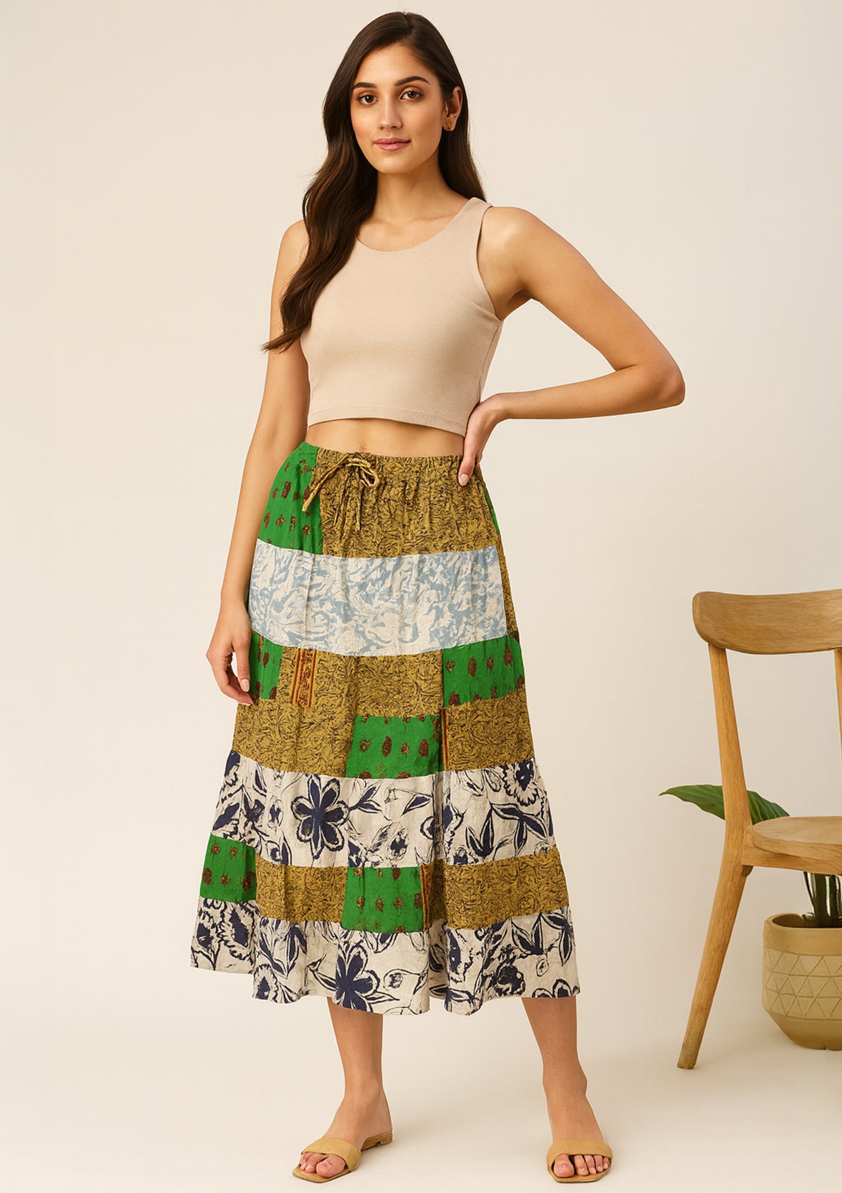 Women’s Multicolor Patchwork Cotton Midi Skirt - Bohemian Floral