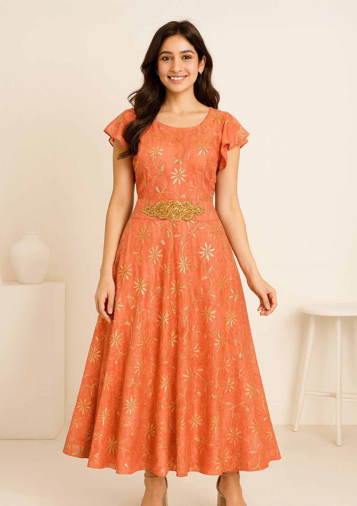Peach - Orange Silk Gown with Golden Floral Work & Embellished Waist