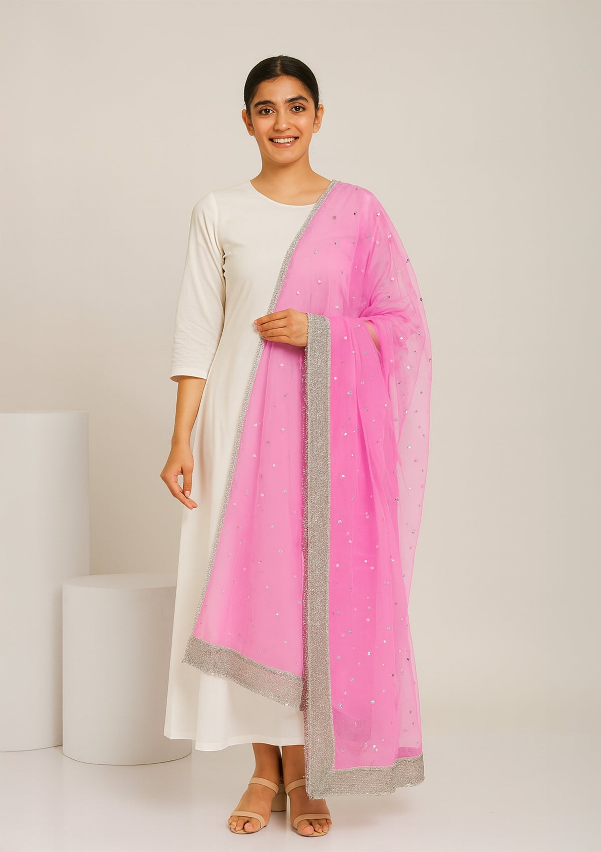 Pink Net Dupatta with Silver Sequin Work and Heavy Embroidered Border