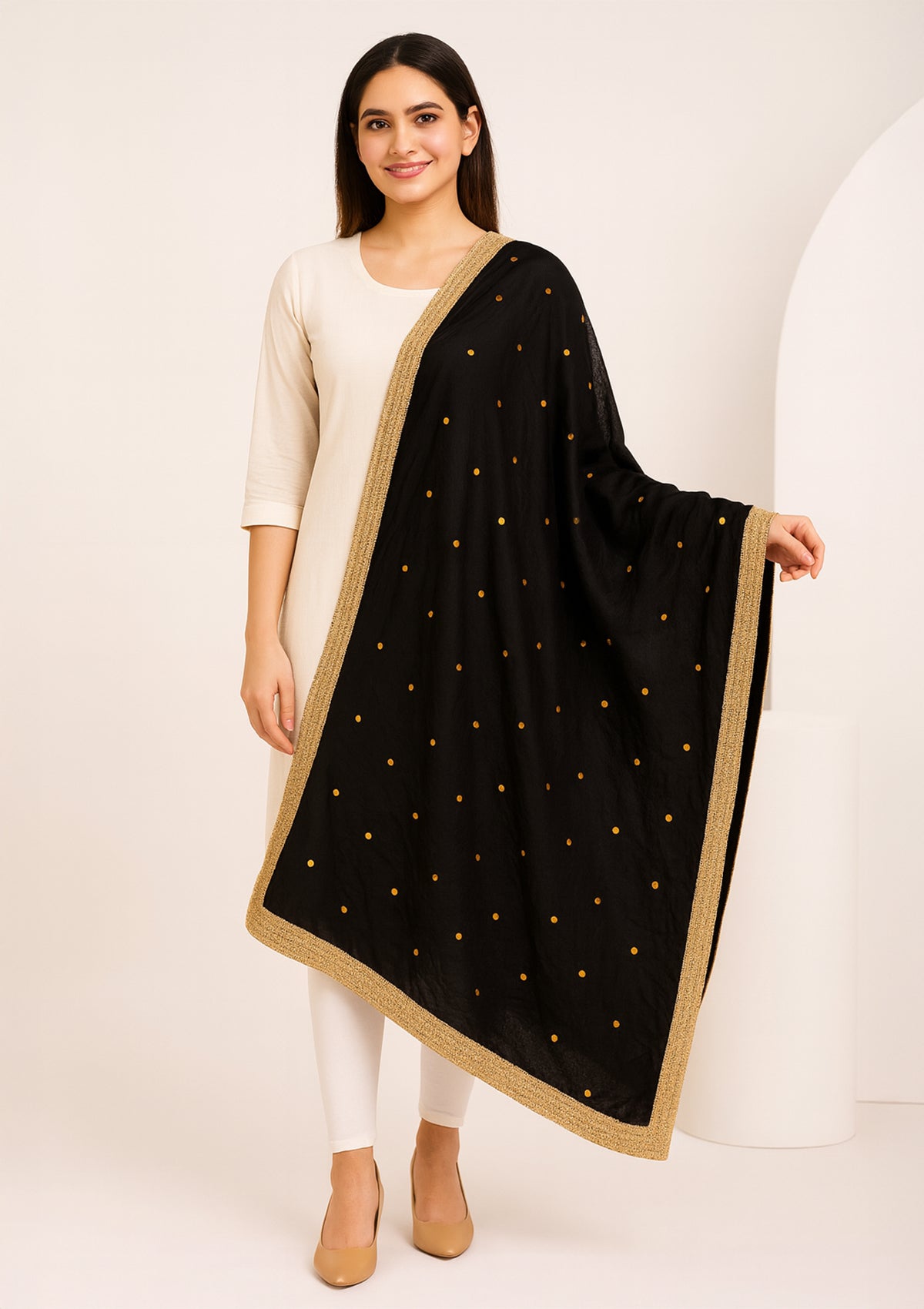 Black Silk Dupatta with Golden Polka Dots and Embellished Border