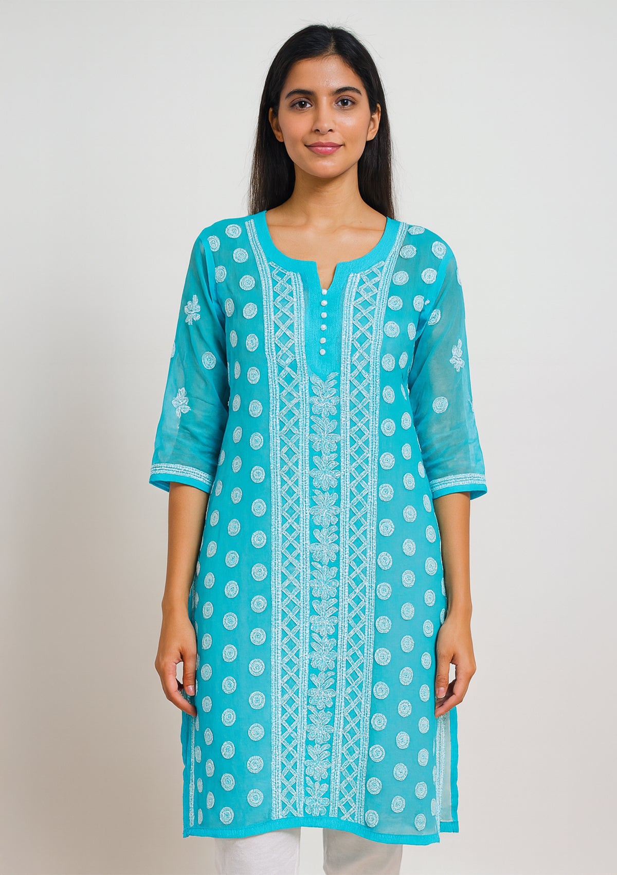 Aqua Blue Georgette Kurti with White Chikankari Embroidery