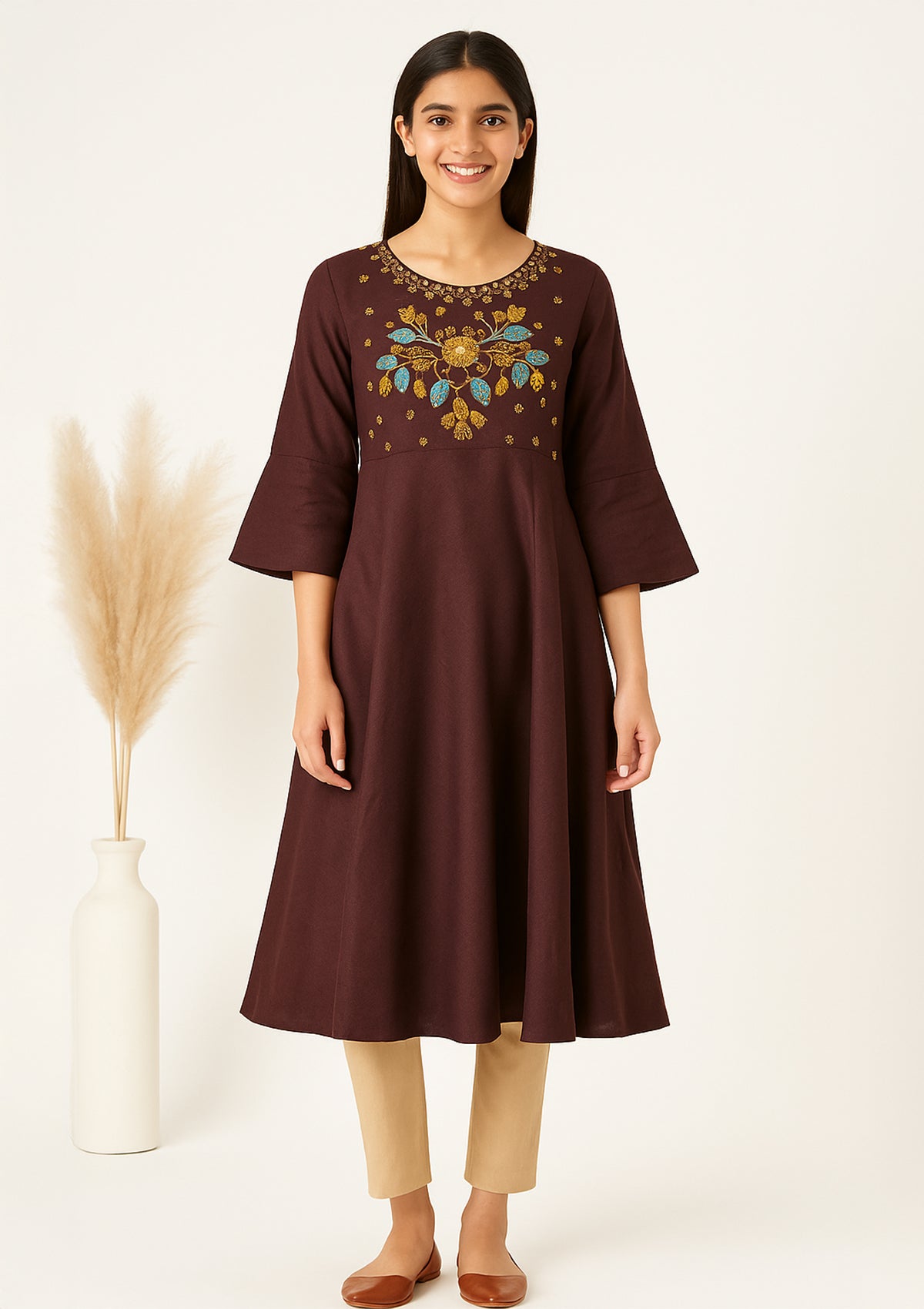 Brown Cotton Kurti with Colorful Embroidery – Elegant Ethnic Charm