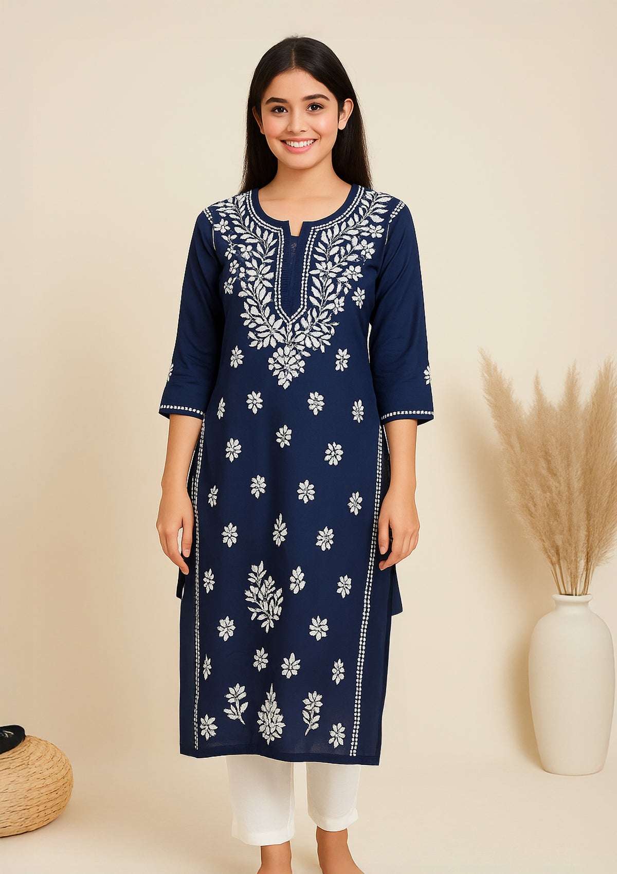 Chikankari Cotton Women’s Kurta – Navy Blue