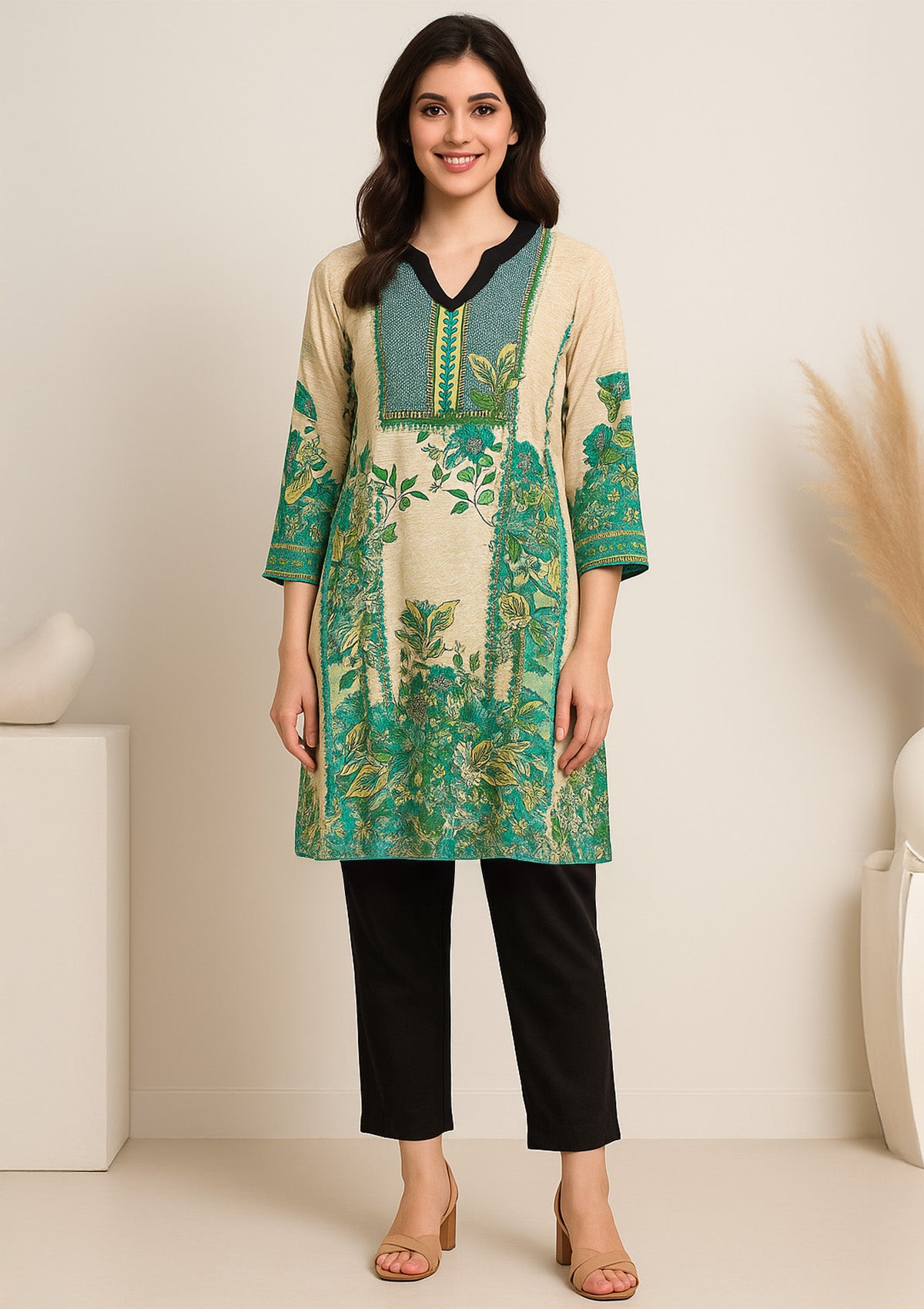Elegant Beige and Blue Printed Cotton Kurti with Black Designer Collar