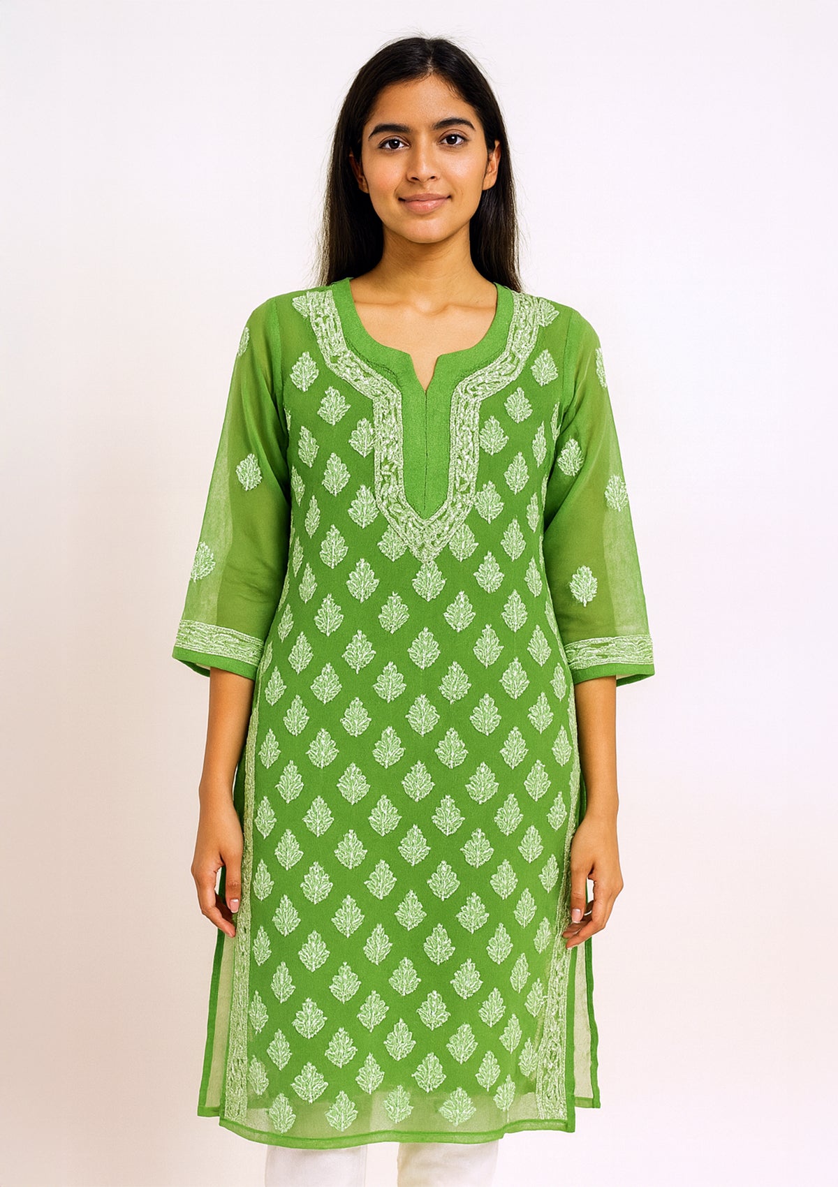 ClothingSutra Green Georgette Kurti with White Chikankari Embroidery