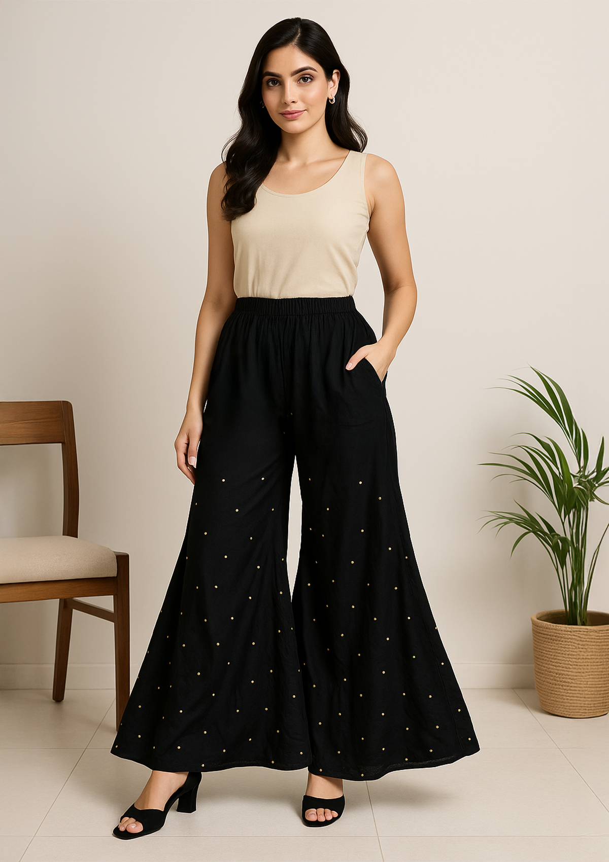 Women’s Black Rayon Sharara – Gold Dot Flared Ethnic Palazzo