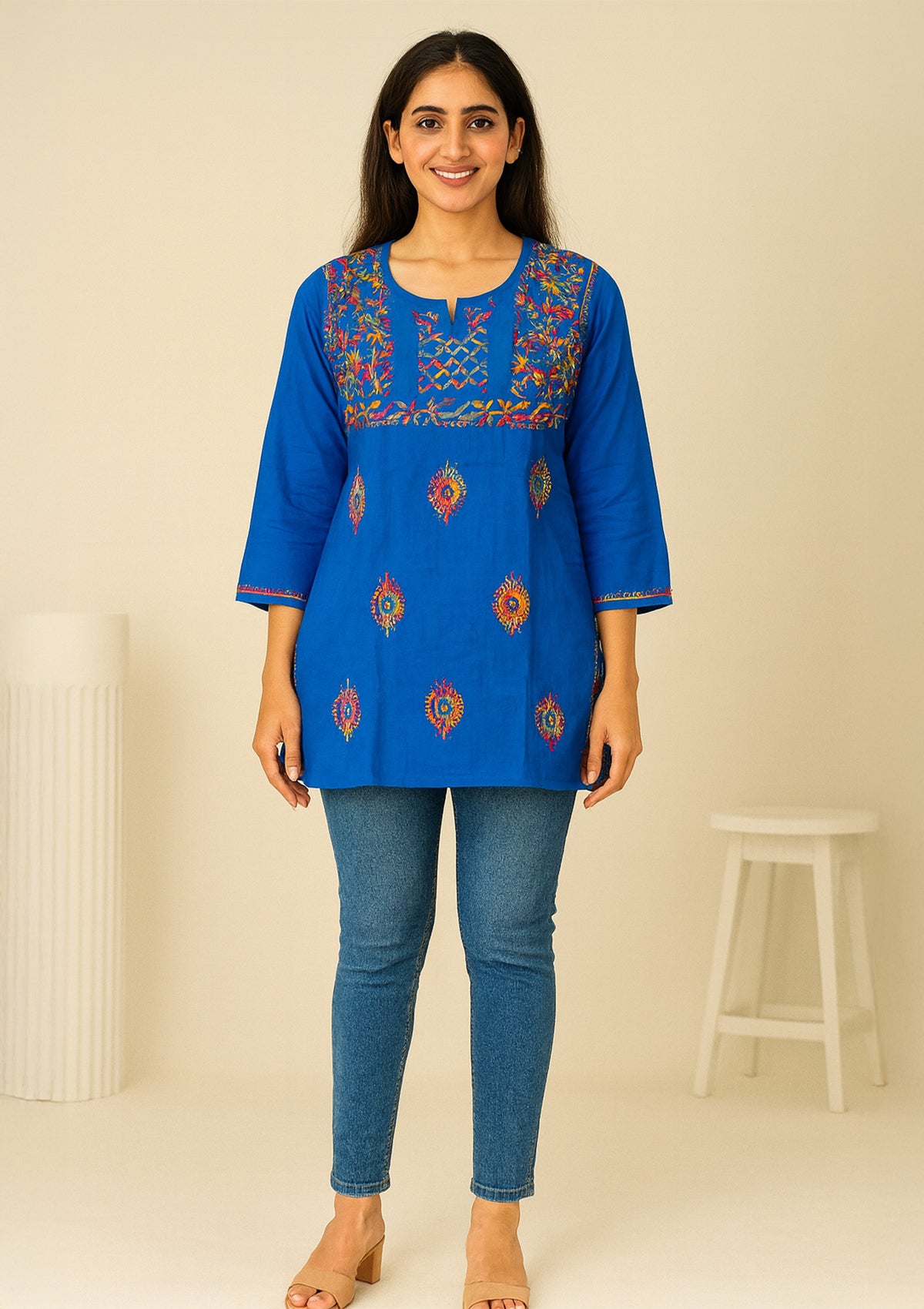 Royal Blue Embroidered Cotton Kurti – Short Length