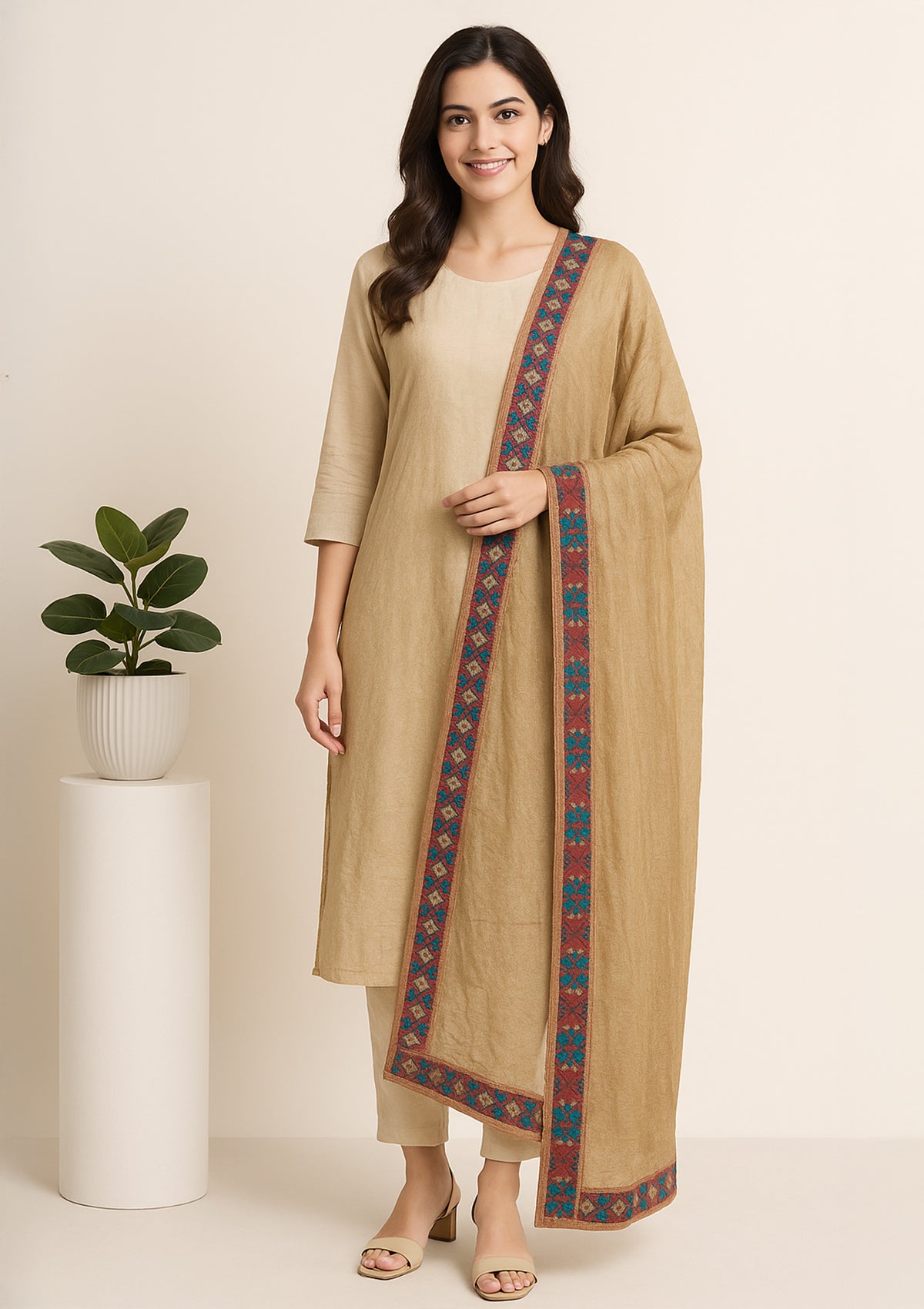Beige Chiffon Dupatta with Colorful Geometric Embroidery Border