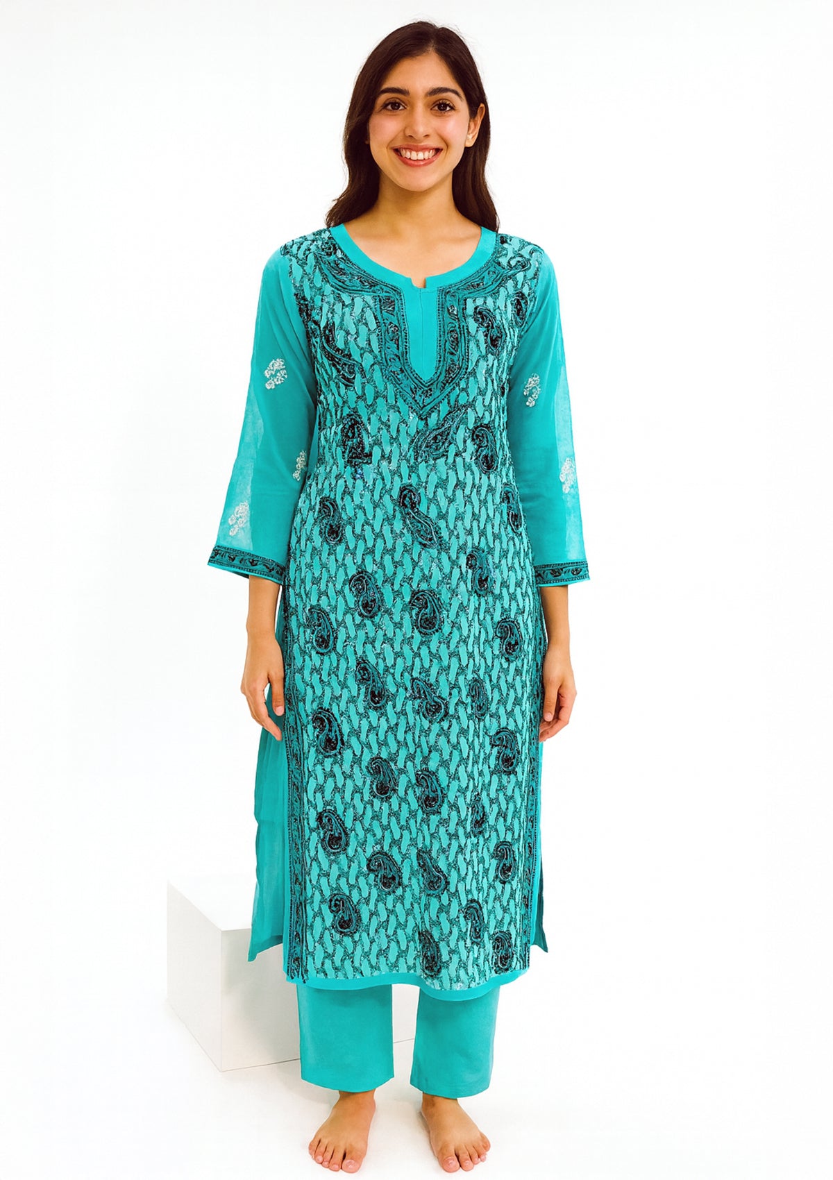 Aqua Blue Georgette Kurti with Chikankari Embroidery