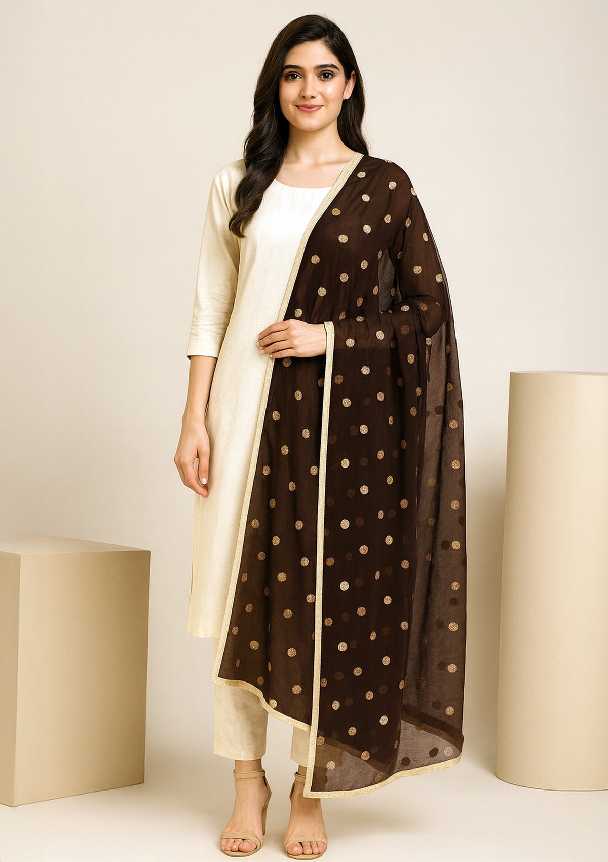 Brown Net Dupatta with Golden Polka Dot Embroidery & Border