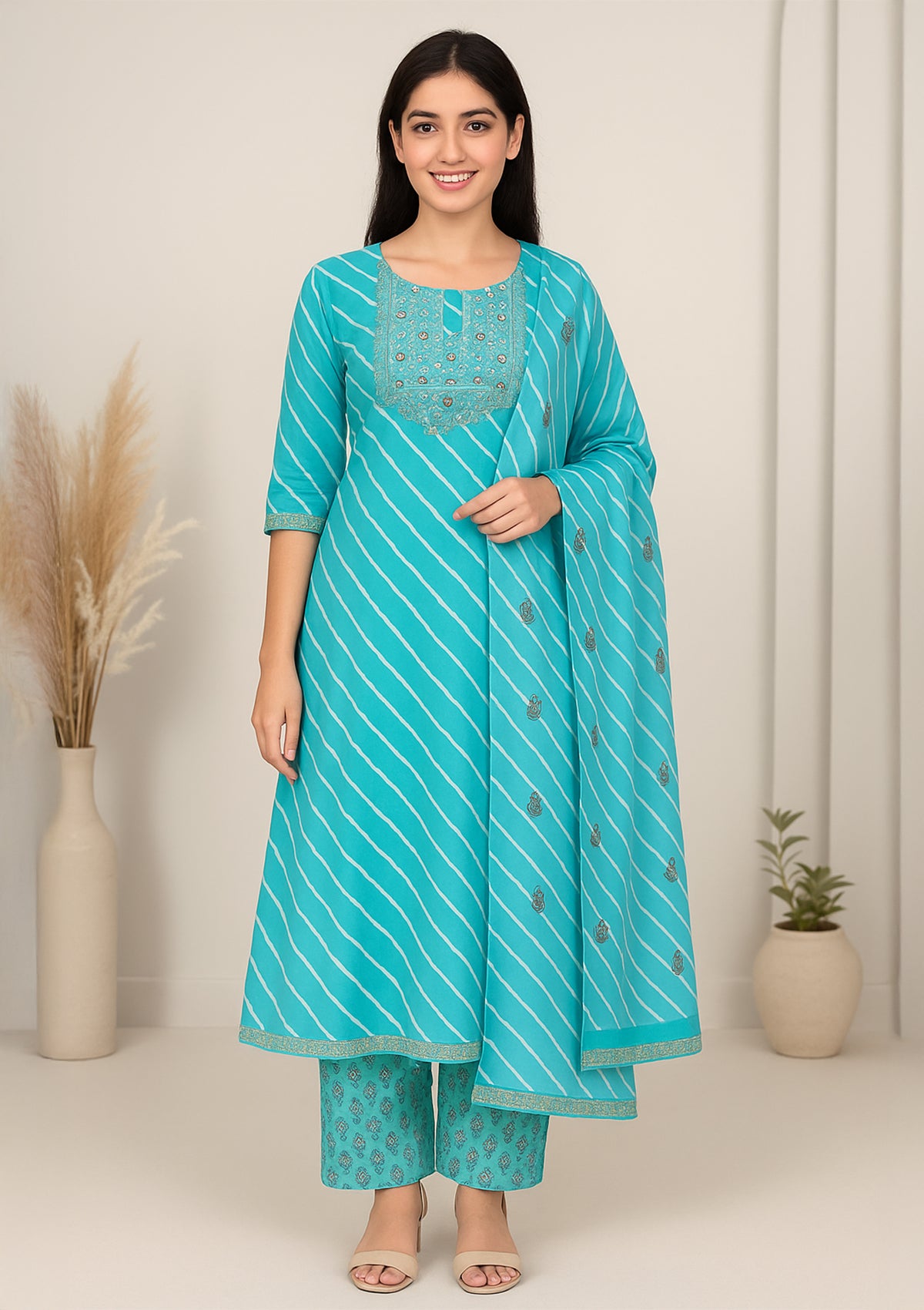Blue Striped Masleen Fabric Stitched Suit Set for Women