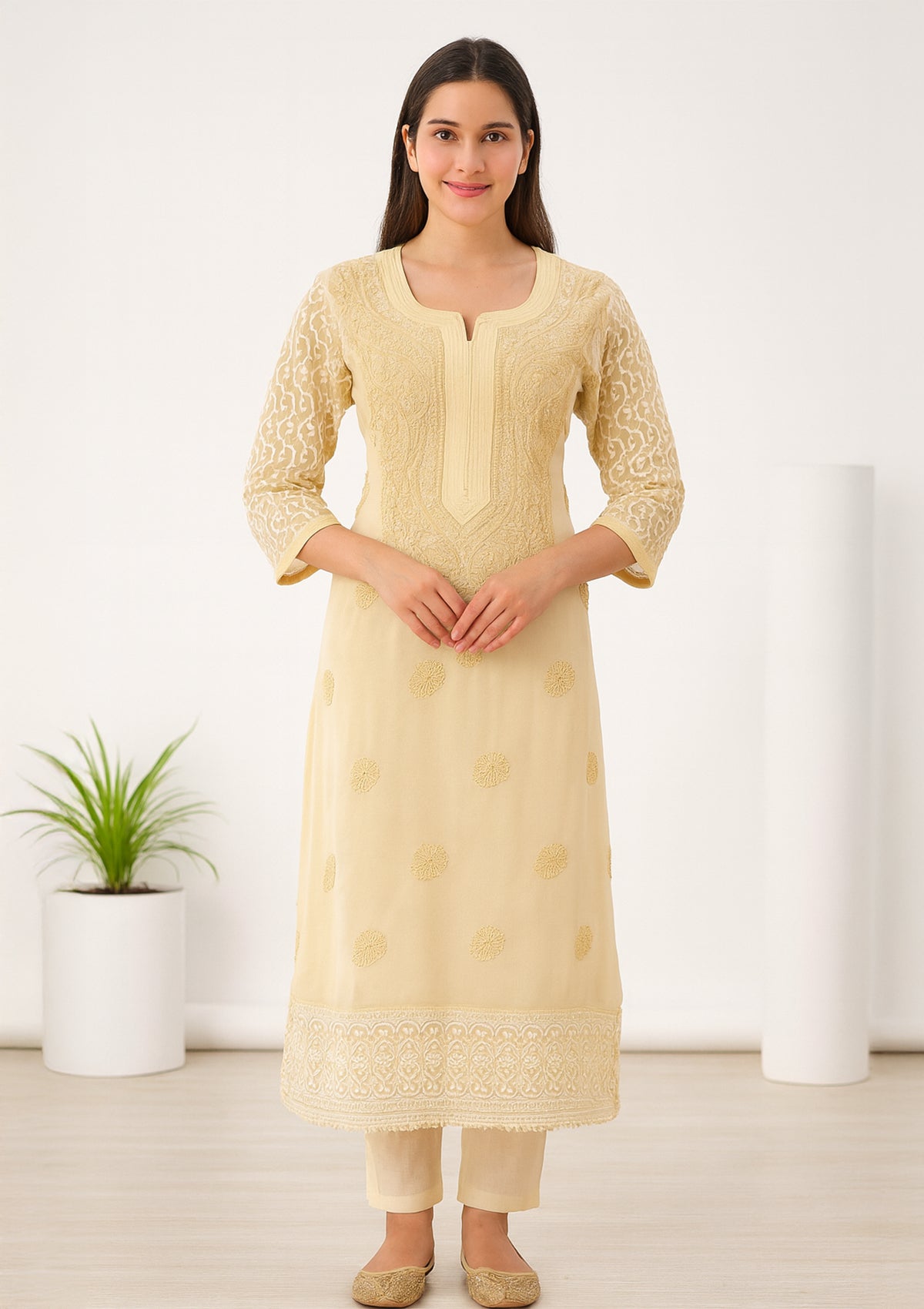 Beige Chikankari Embroidered Georgette Kurti with Floral Detailing