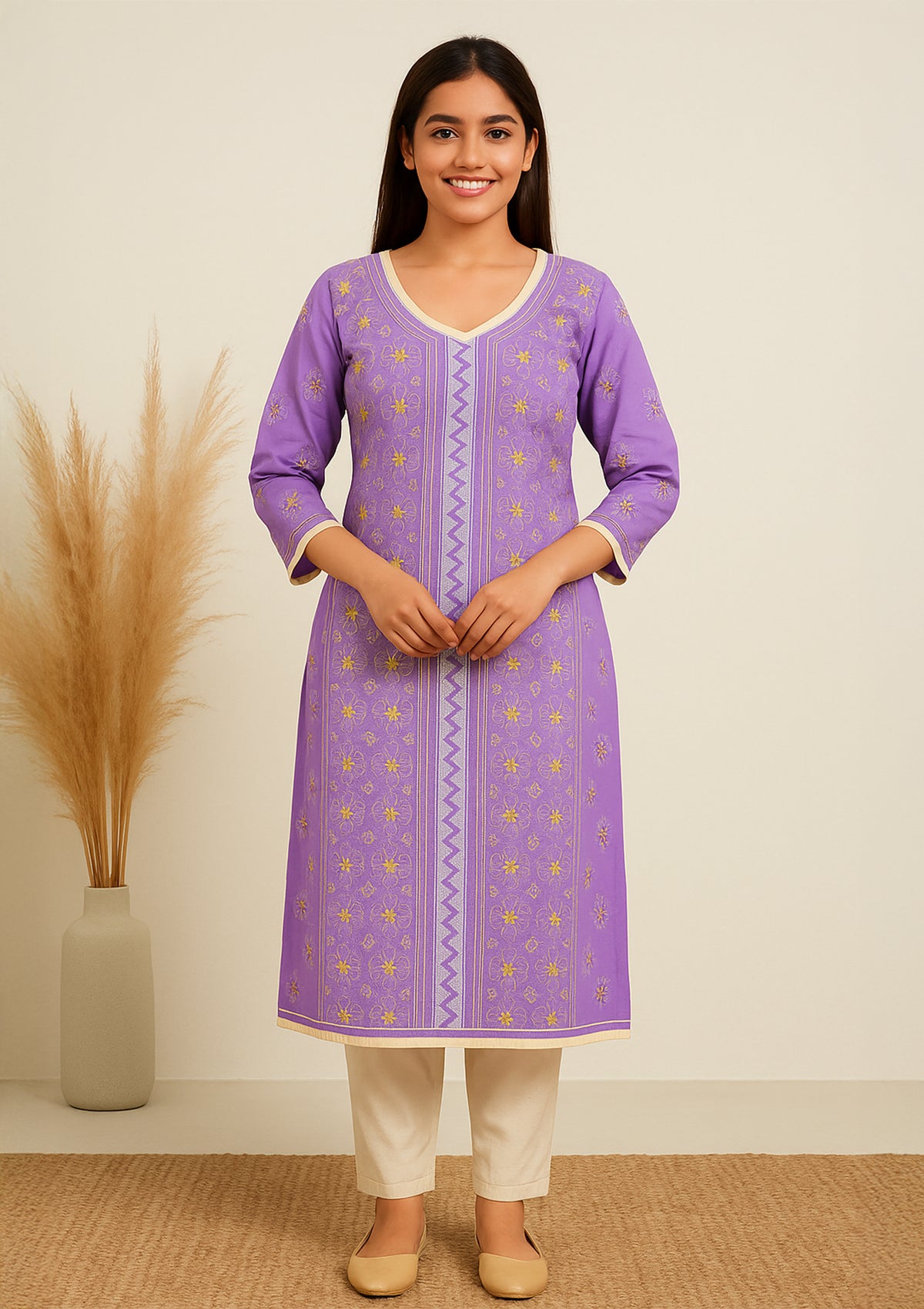 Chikankari Solid Women’s Long Kurta – Purple