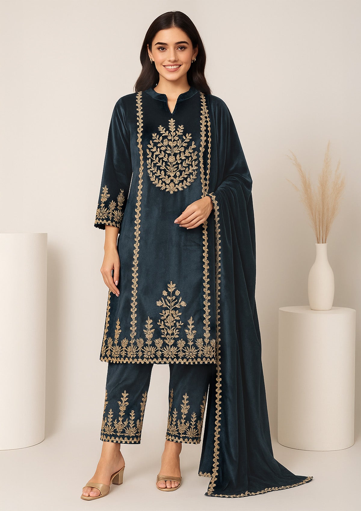 Dark Grey Velvet Embroidered Pakistani Suit - Premium Partywear