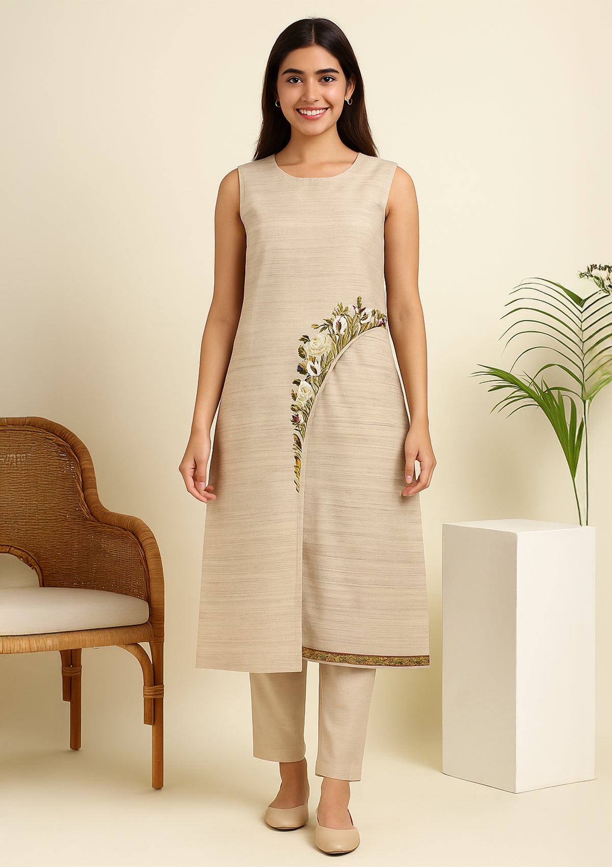 Beige Sleeveless Kurti with Floral Embroidery