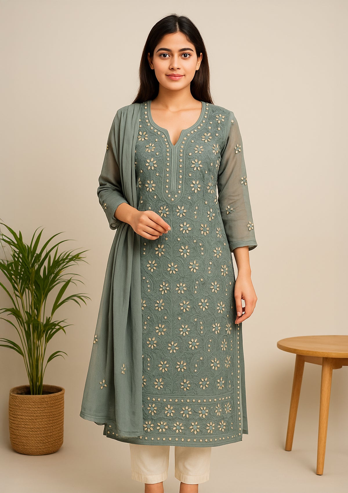 Georgette Chikankari Kurti with Dupatta – Grey (Gottapatti Embroidery)